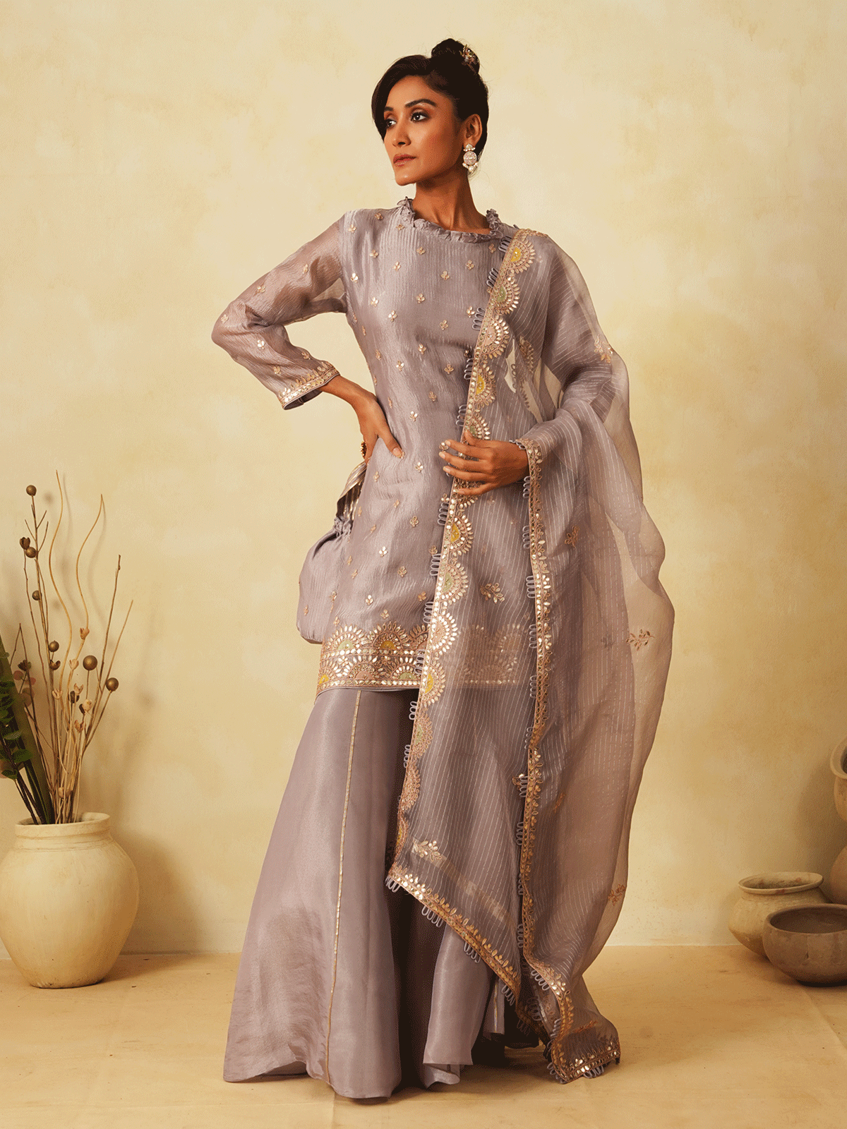 Glimmering Grey Tissue Kurta Set with Gota Patti Work