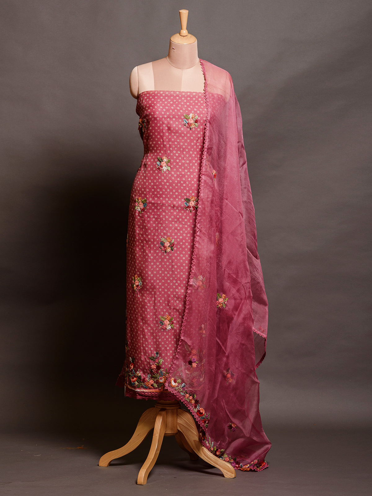 Organza Pink Kurta Set with Resham Embroidery - Unstitched