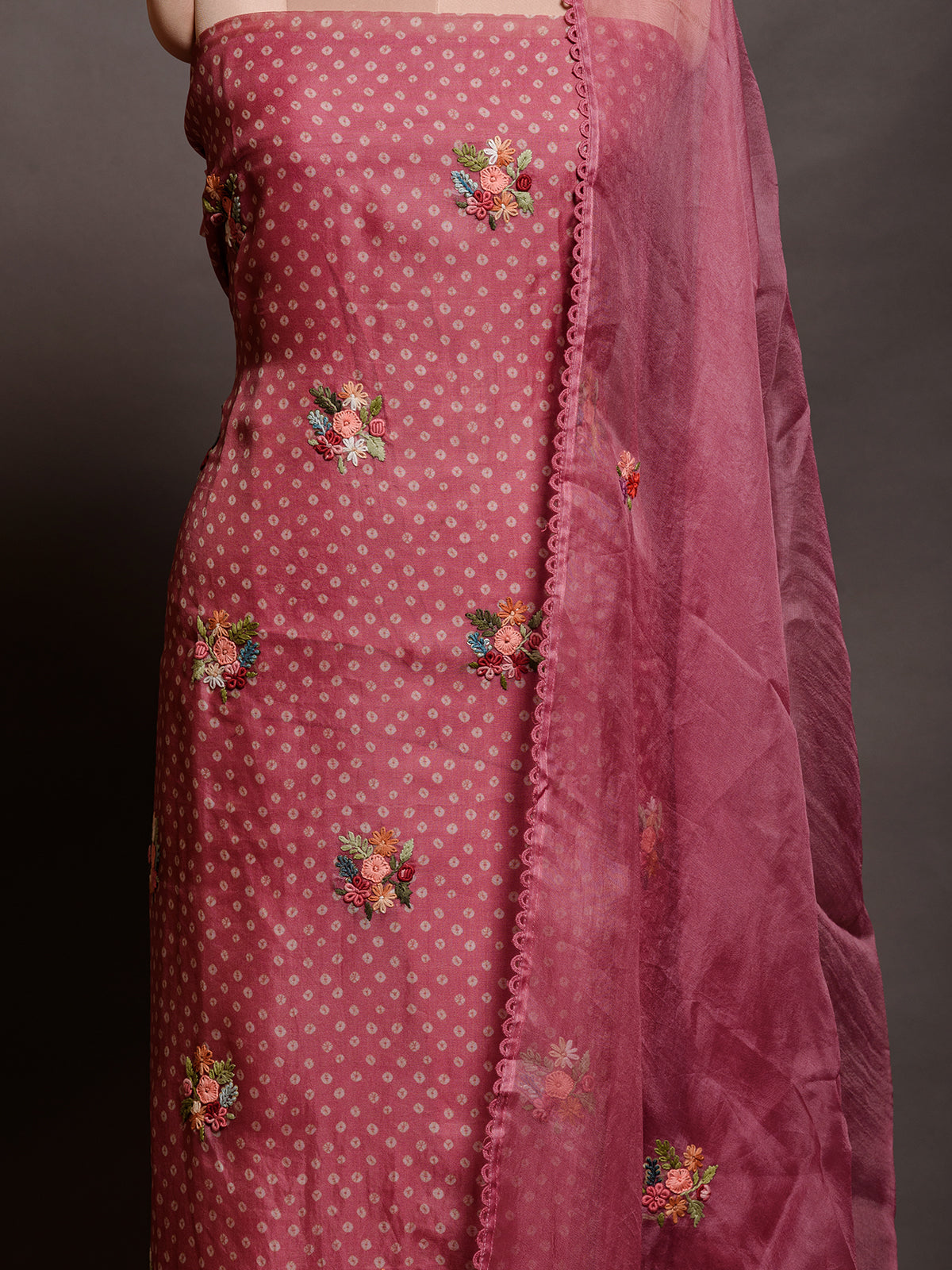 Organza Pink Kurta Set with Resham Embroidery - Unstitched