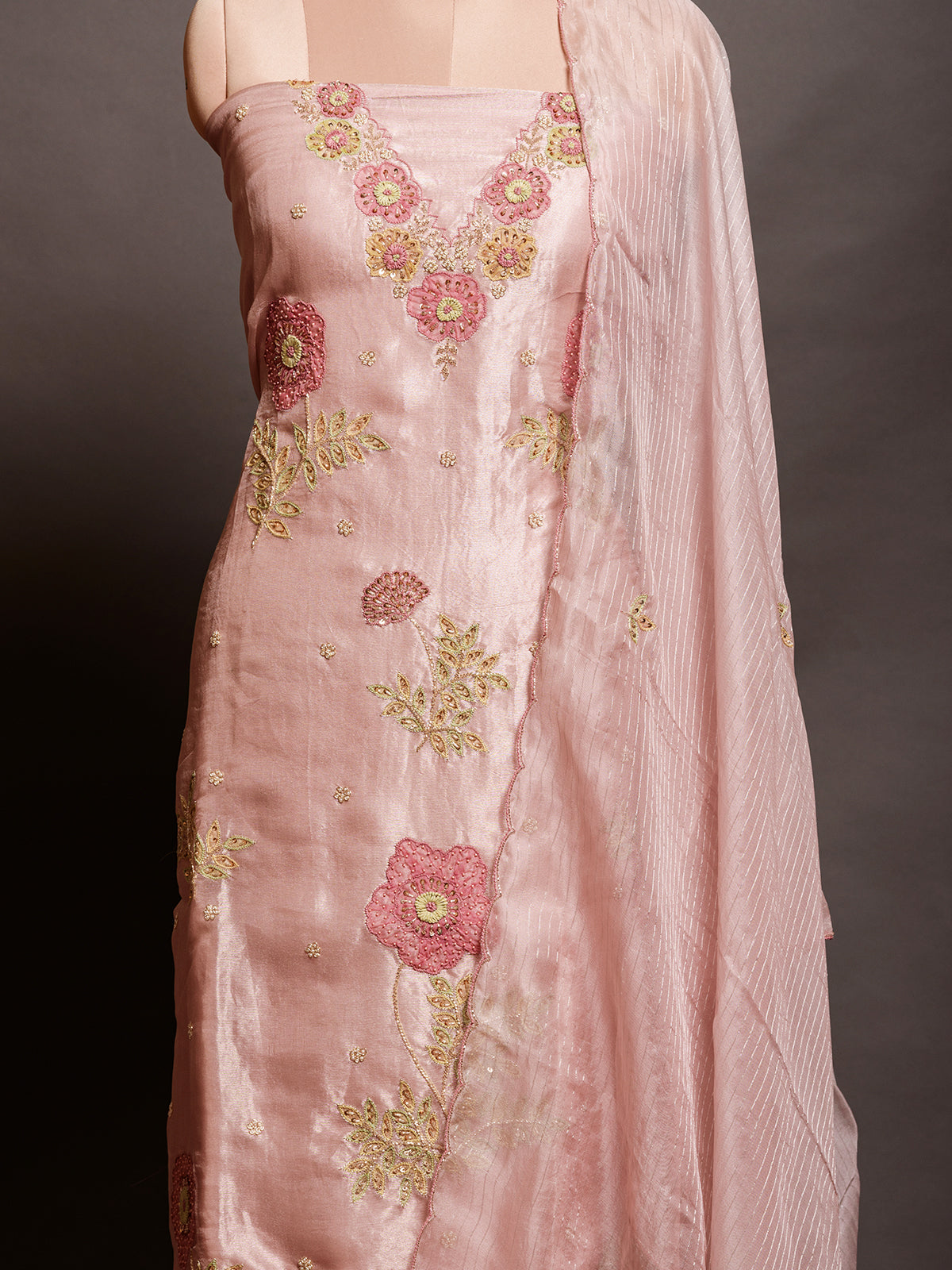 Elegant Pink Tissue Kurta Set with Applique Work - Unstitched