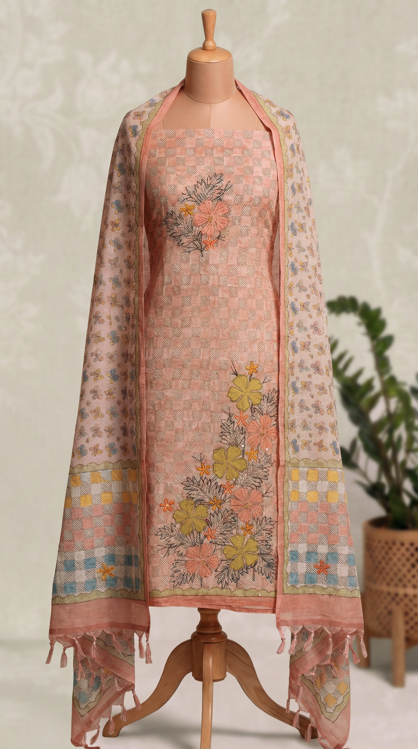 Resham Embroidery Peach Pink Jute Cotton Unstitched Suit Set
