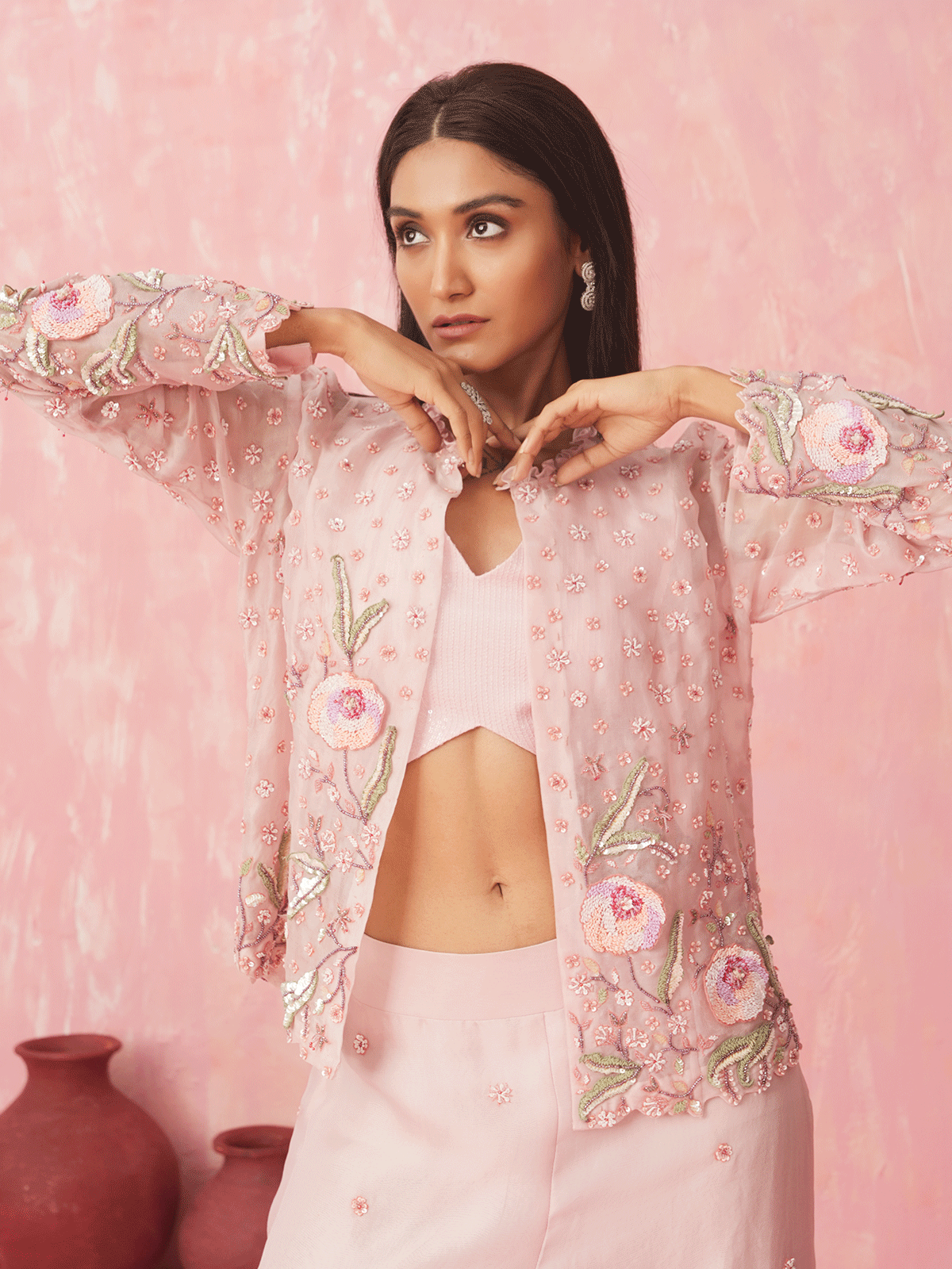 Blush Pink Organza Cutdana Jacket Set with Chir & Sequins Details
