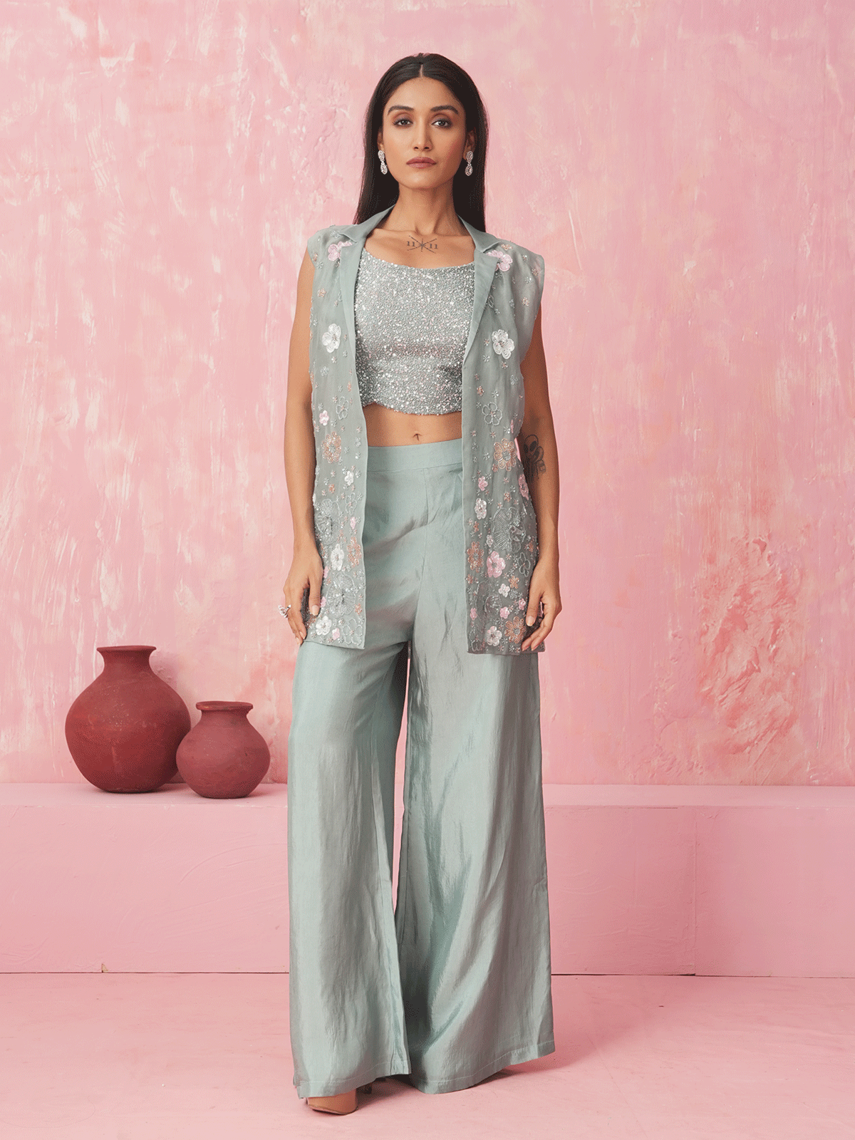 Powder Blue Appliqued Cutdana Jacket Set with Sequins Details