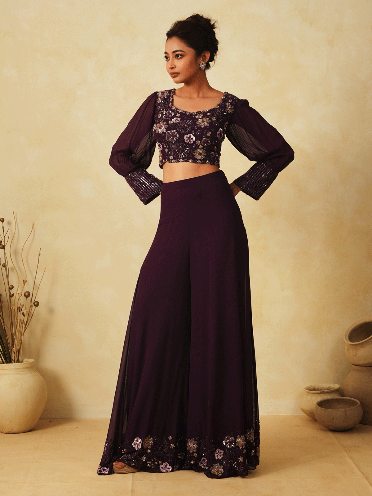 Wine Purple Georgette Sequinned Co-ord Set with Cut Dana Details