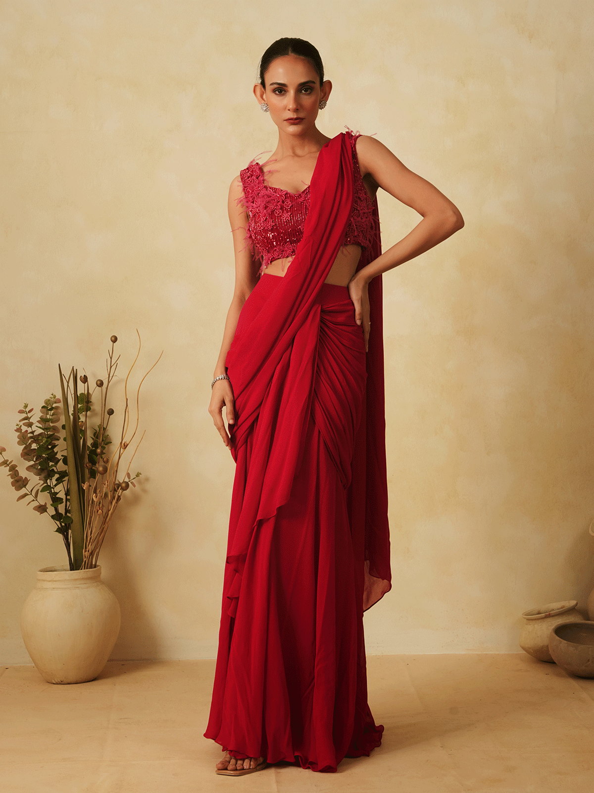 Crimson Red Pre-Drape Appliqued Saree with Feathers