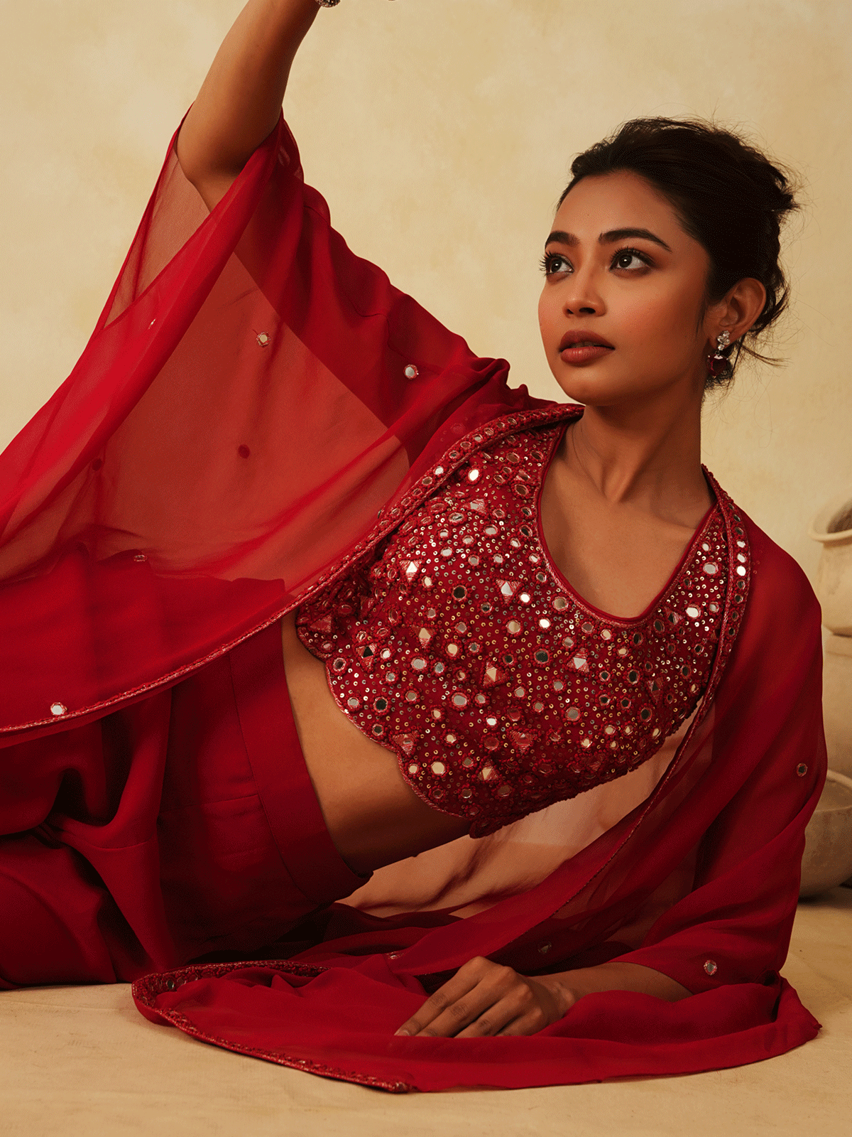 Crimson Red Sequinned Cape & Sharara Set with Mirror Work