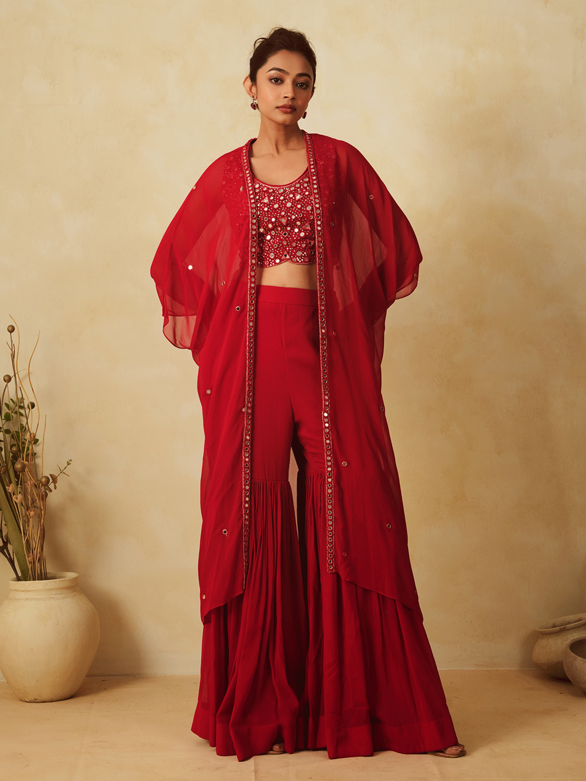 Crimson Red Sequinned Cape & Sharara Set with Mirror Work