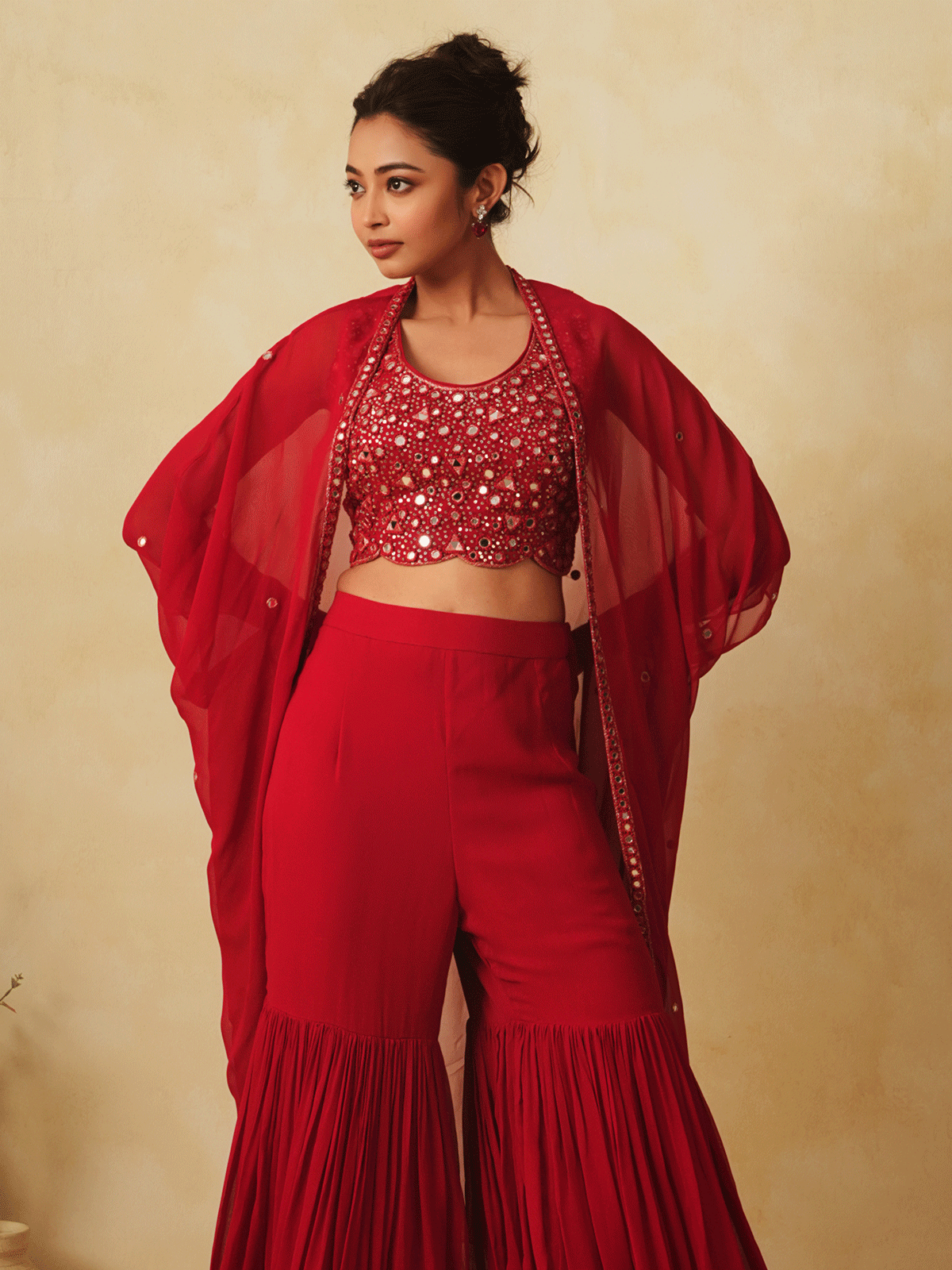 Crimson Red Sequinned Cape & Sharara Set with Mirror Work