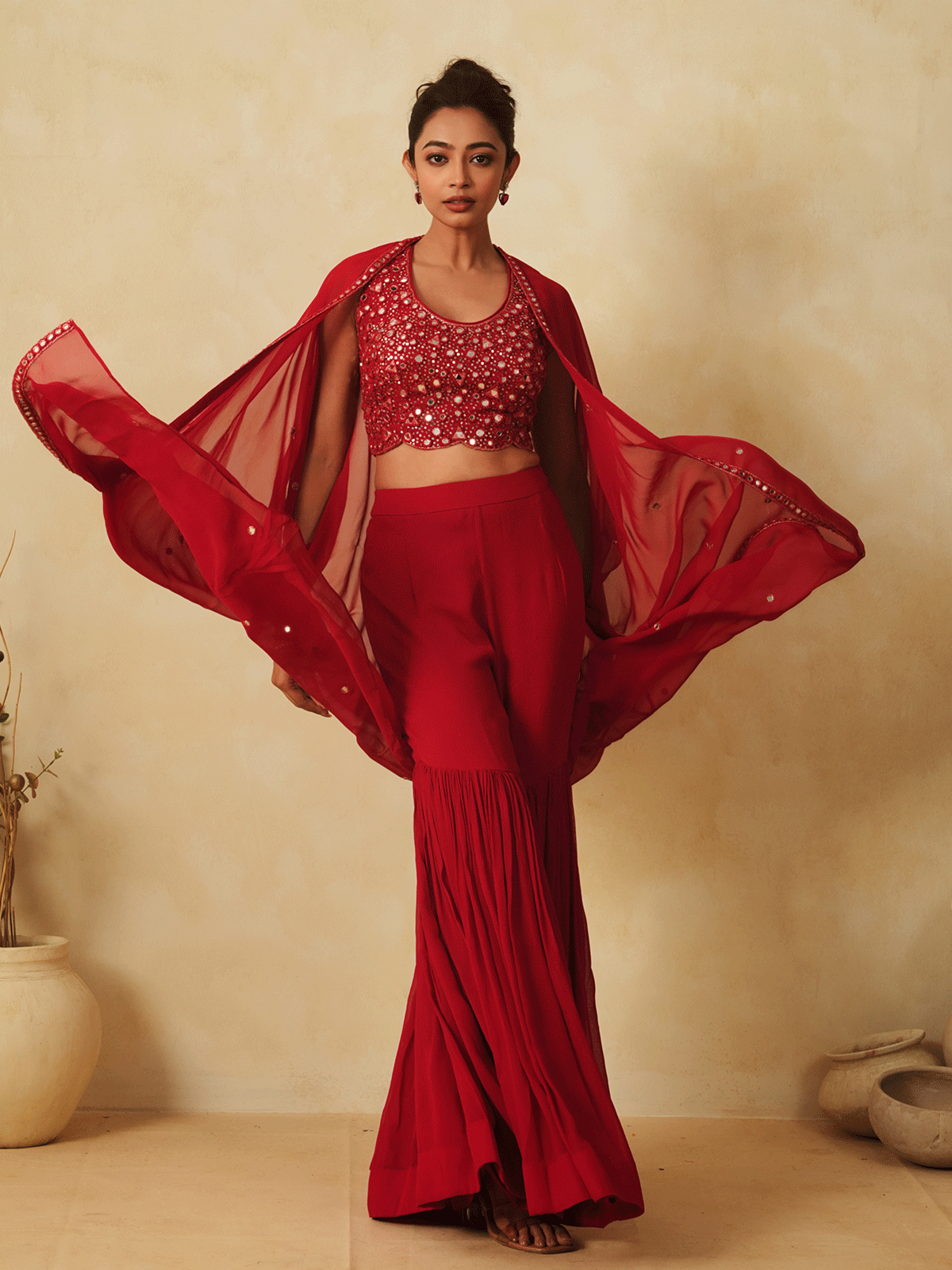 Crimson Red Sequinned Cape & Sharara Set with Mirror Work