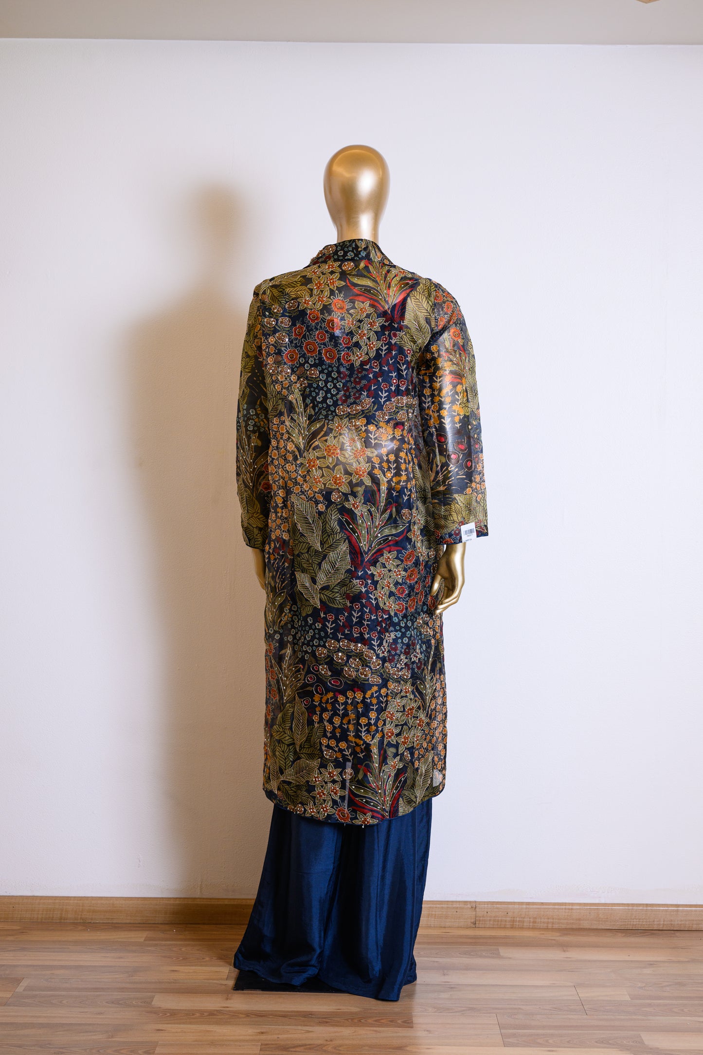 Elegant Deep Blue Organza Cutdana Jacket Set with Sequins