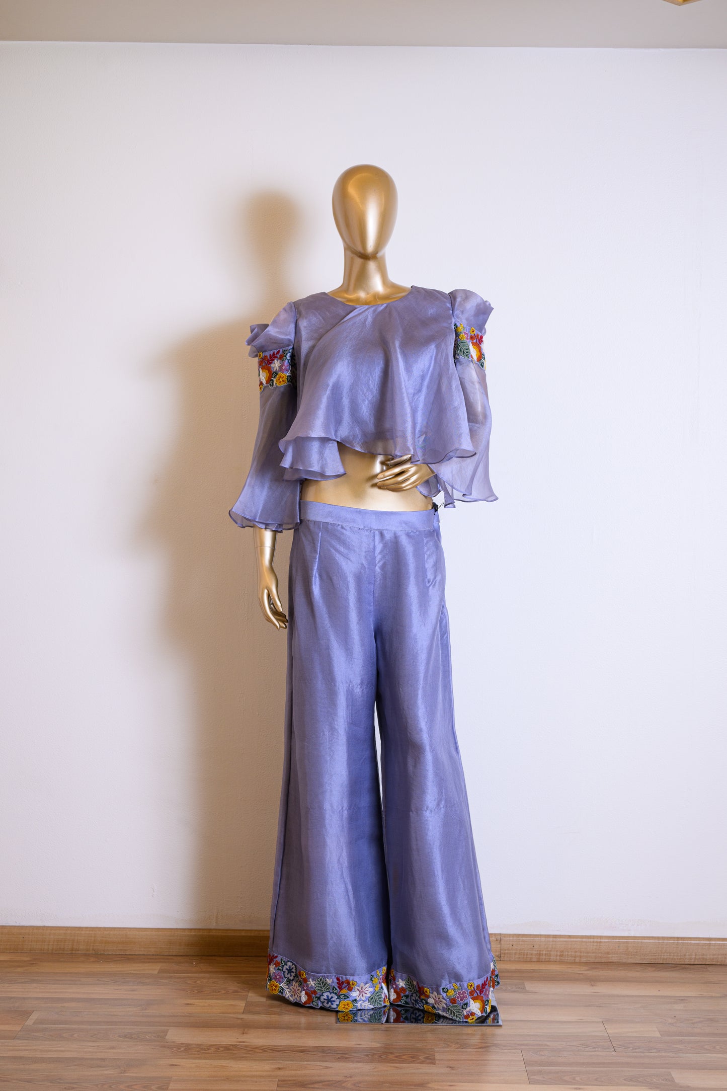 Lavender Organza Flared Top & Palazzo Set with Resham Work