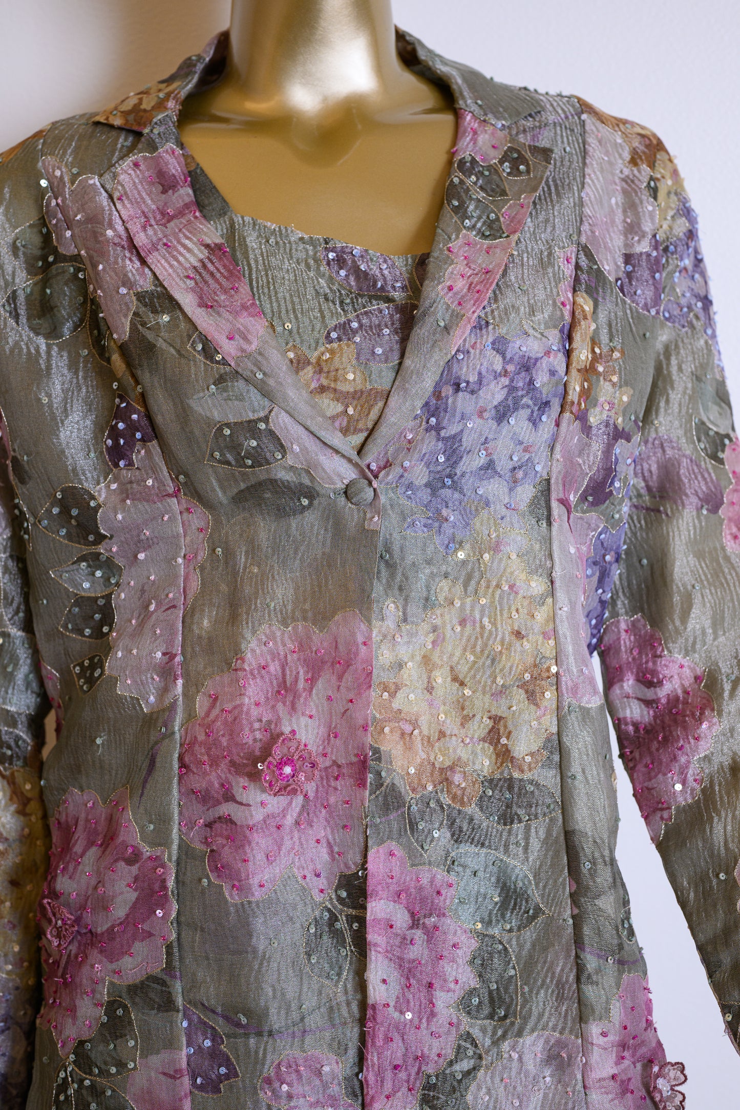 Green Printed Tissue Sequinned Jacket Set