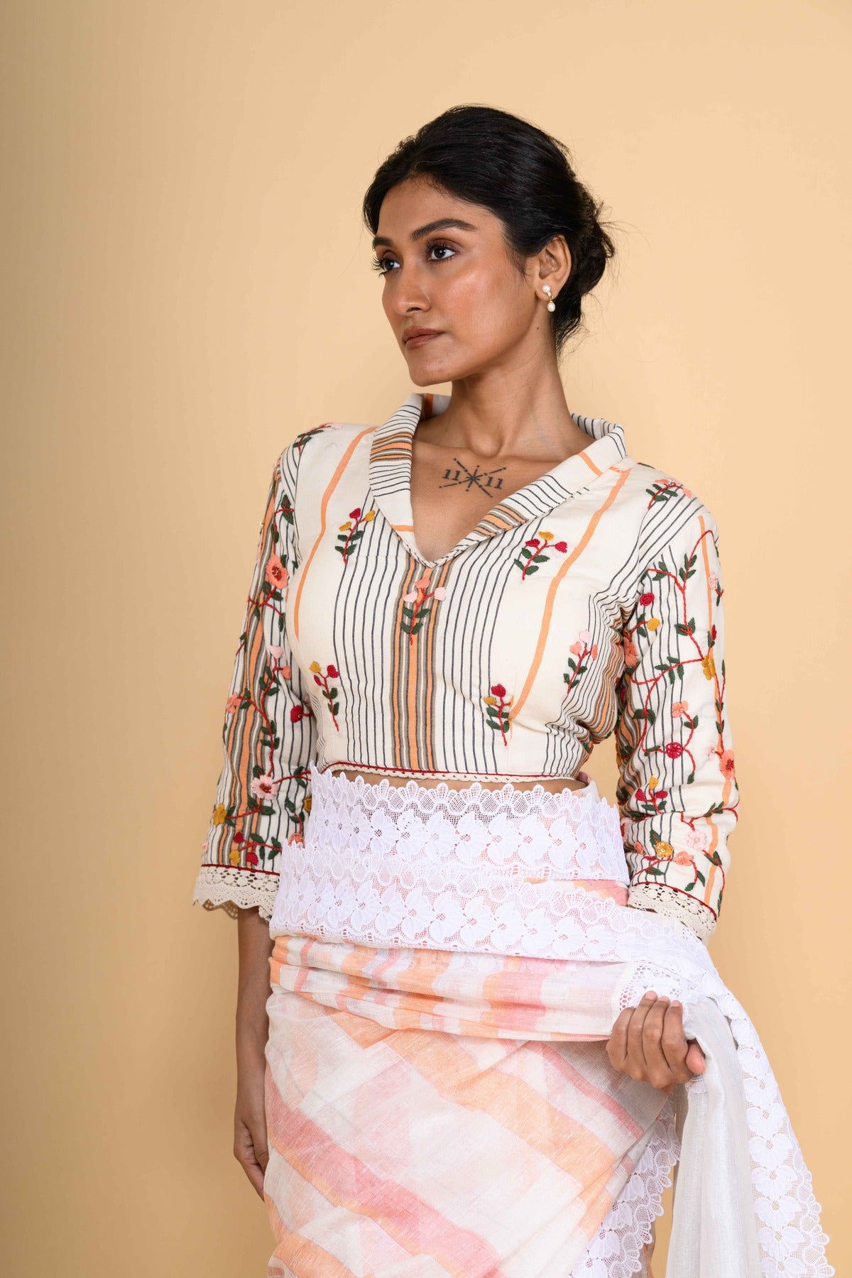 Off White Hand Embroidered Cotton Blouse