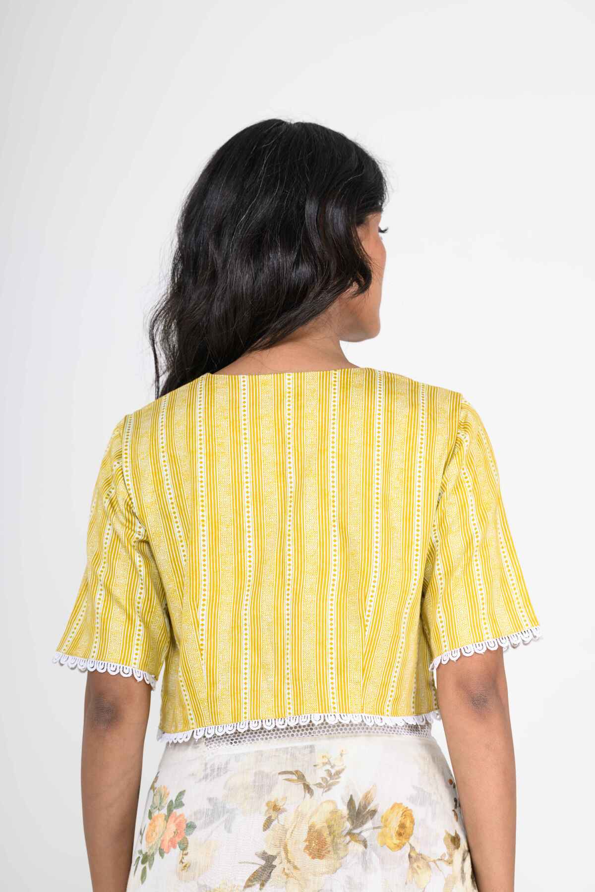 Yellow Printed Cotton Blouse with Lace Work