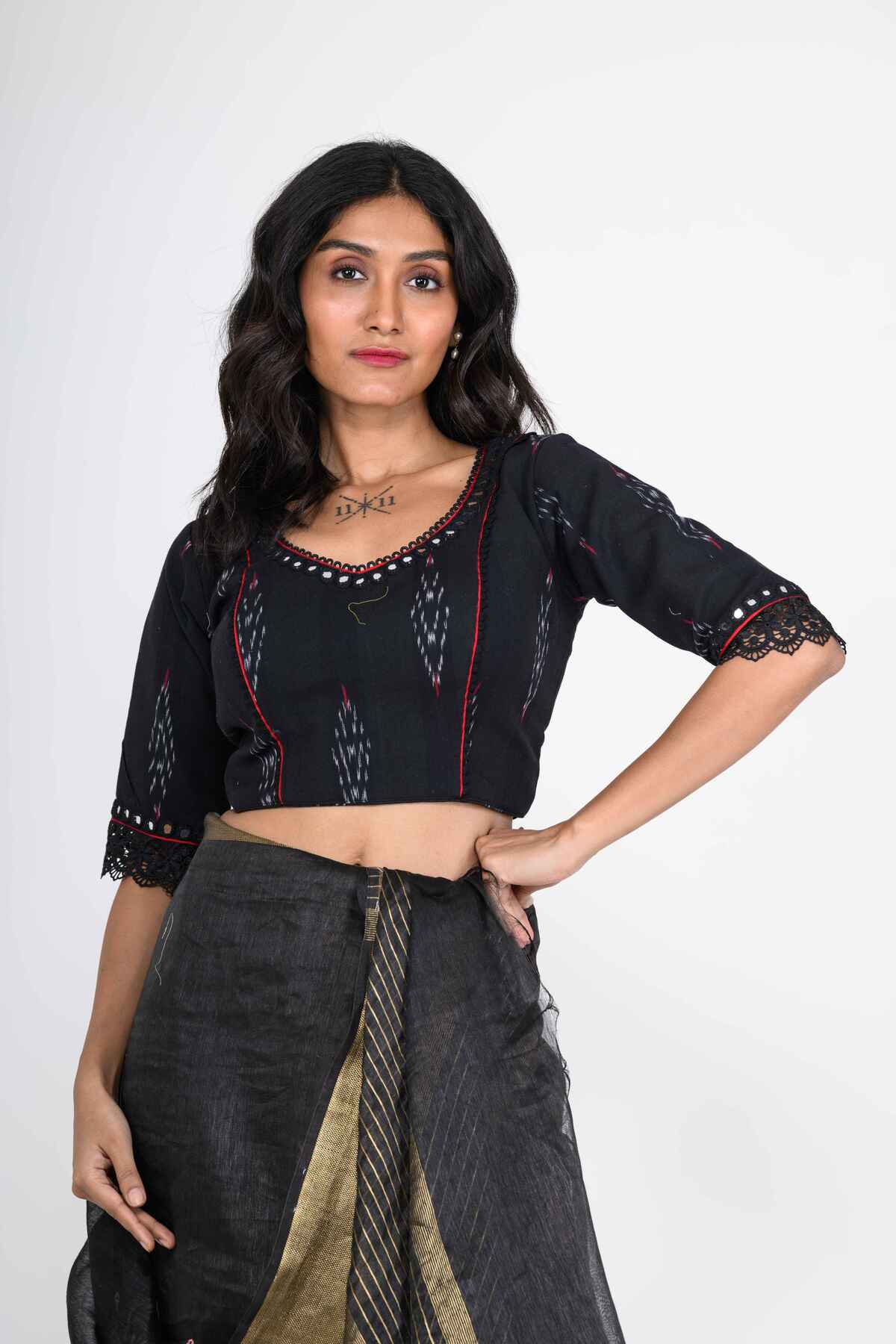 Deep Blue Printed Cotton Blouse with Mirror Handwork