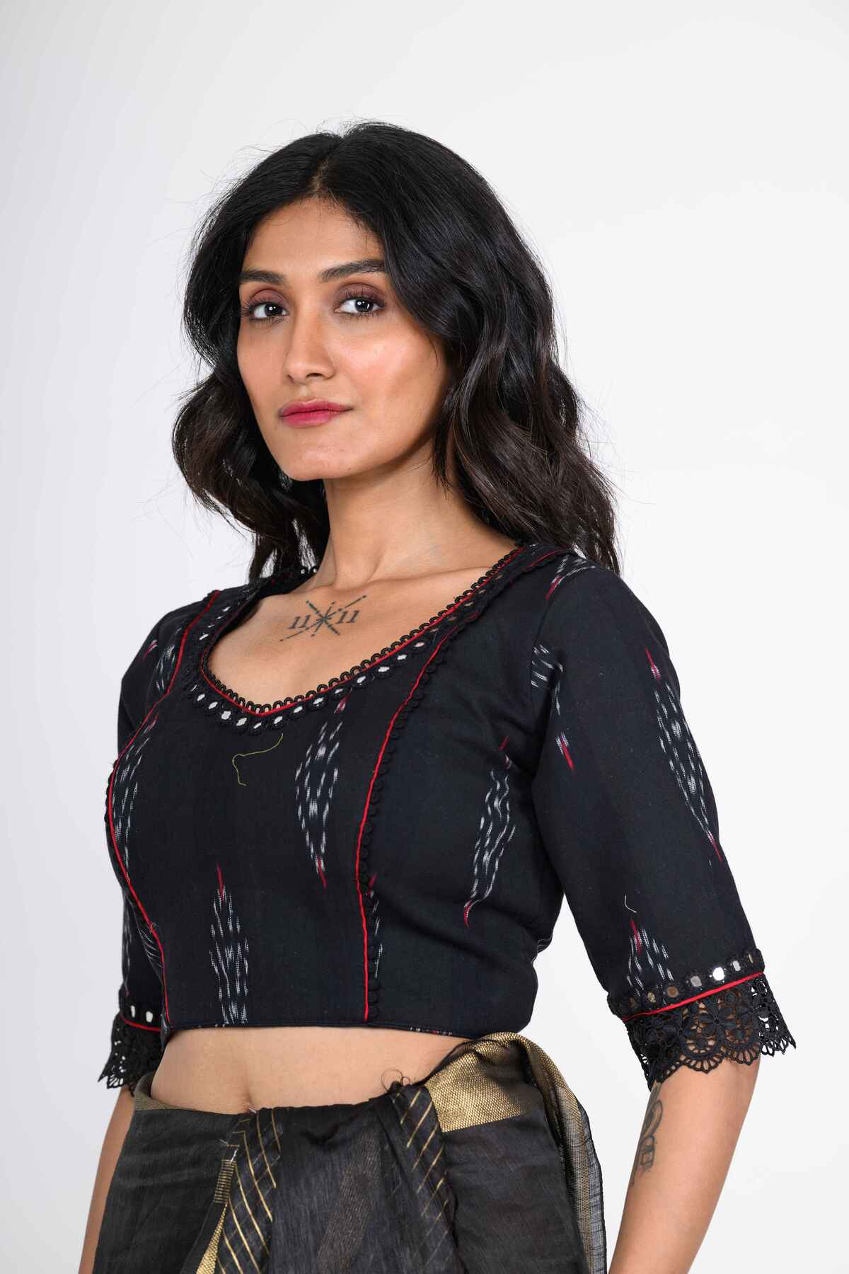 Deep Blue Printed Cotton Blouse with Mirror Handwork
