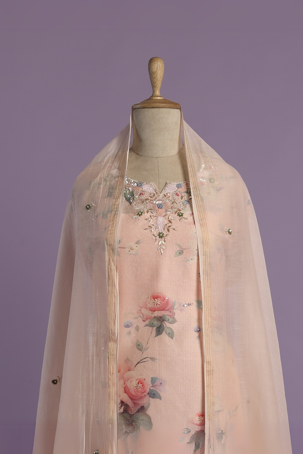 Powder Pink Printed Zari Mul Kurta Set Highlighted with Sequins & Pearl Neckline