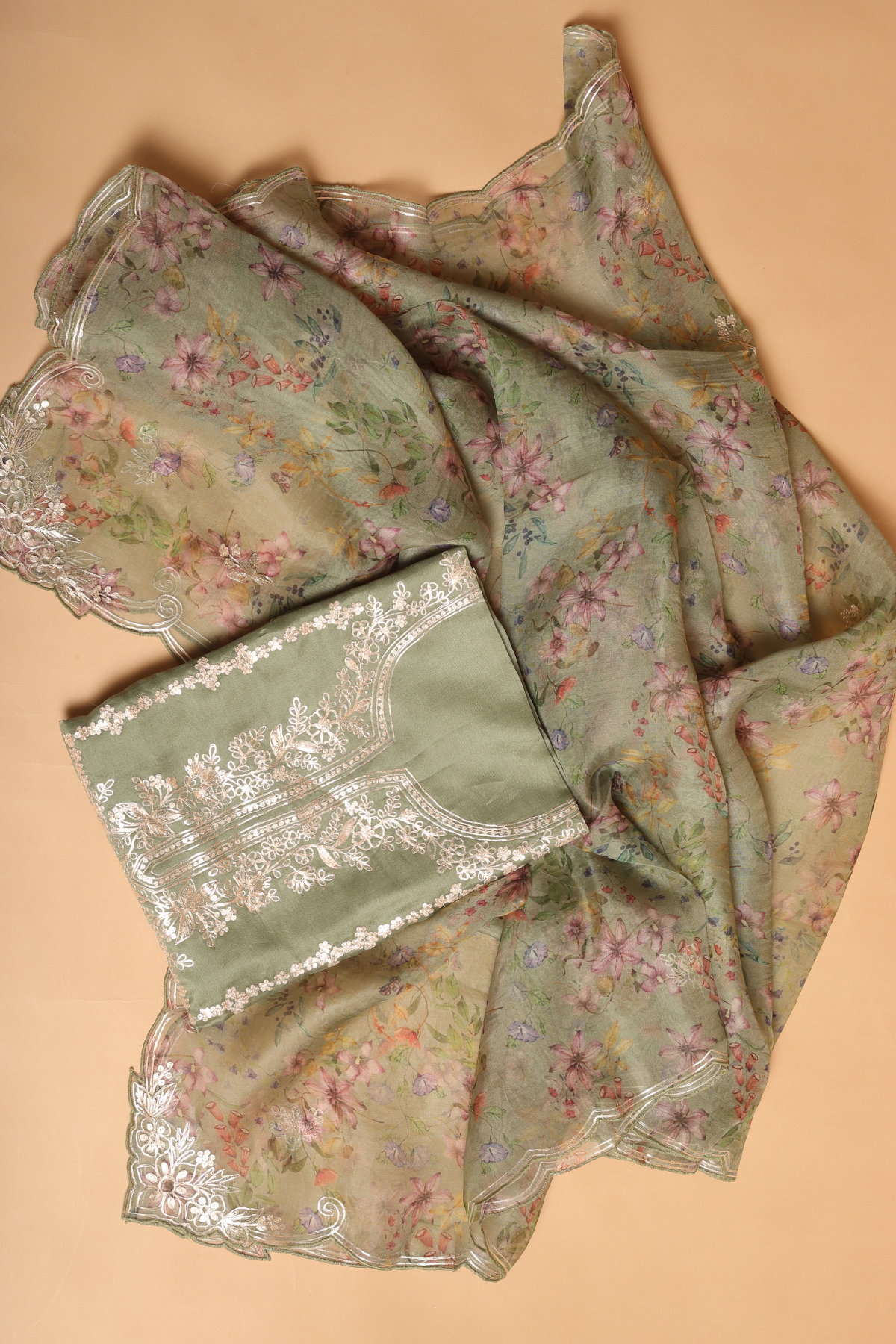 Sage Green Organza Kurta Set Enhanced with Intricate Zari Pitta Embroidery