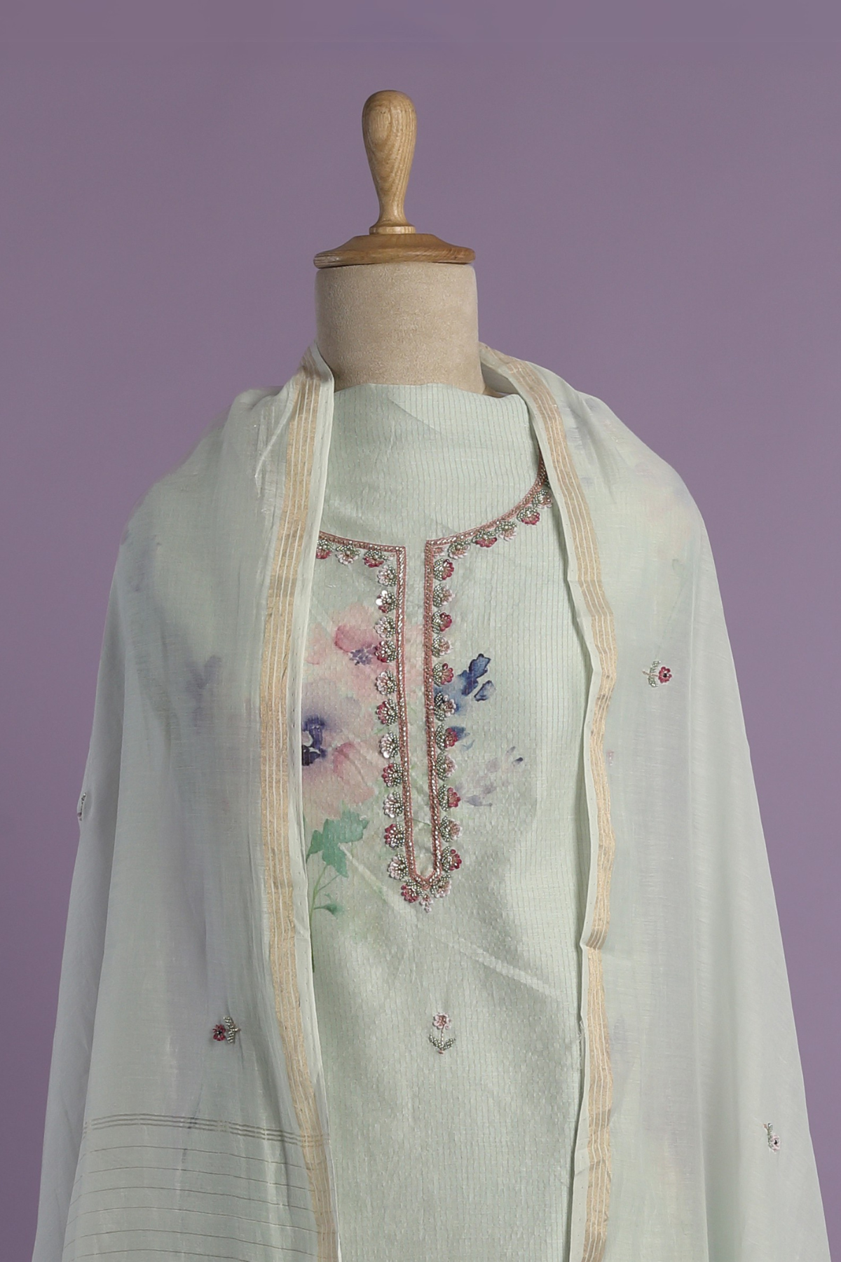 Aqua Blue Zari Mul Printed Kurta Set with Intricate Neckline and Buti