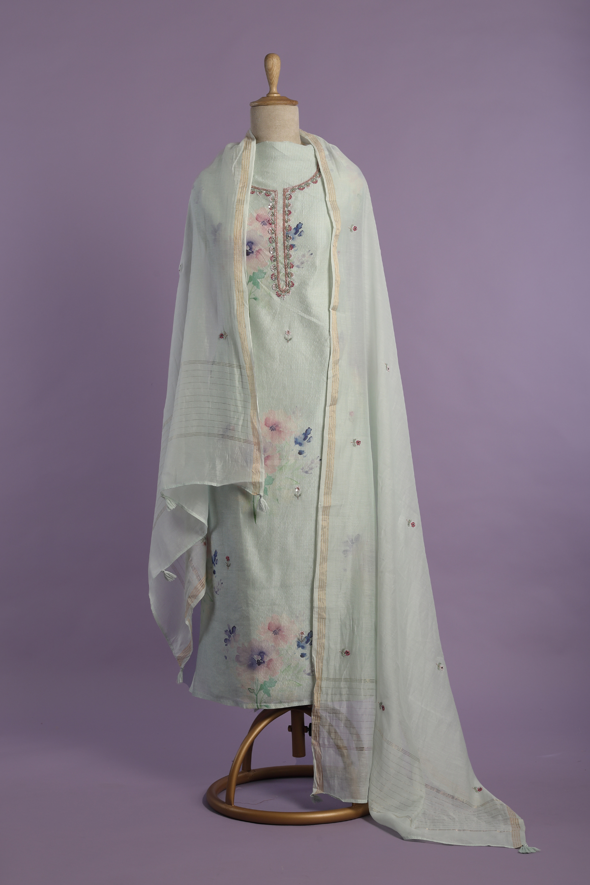 Aqua Blue Zari Mul Printed Kurta Set with Intricate Neckline and Buti
