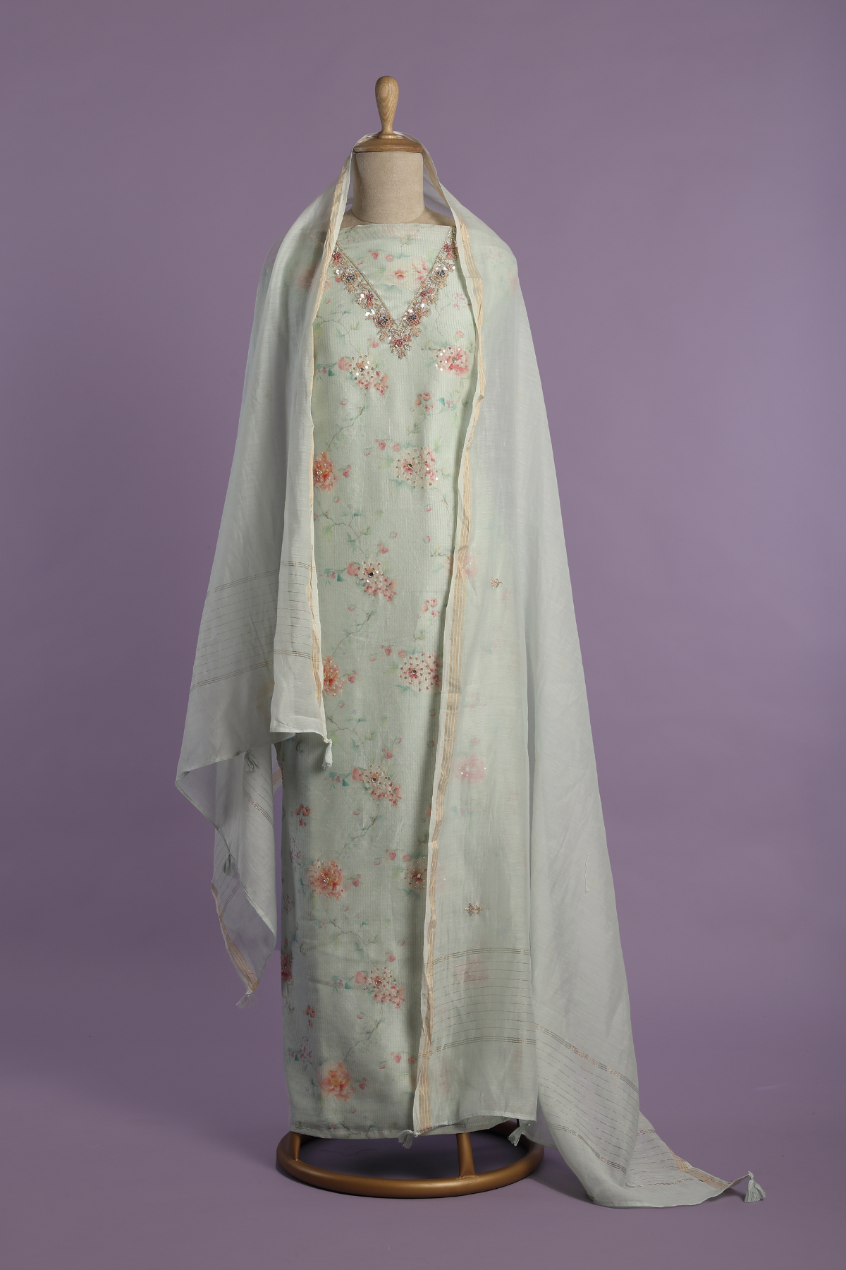 Floral Printed Zari Mul Kurta Set with Meticulous Hand Embroidered Neck Work