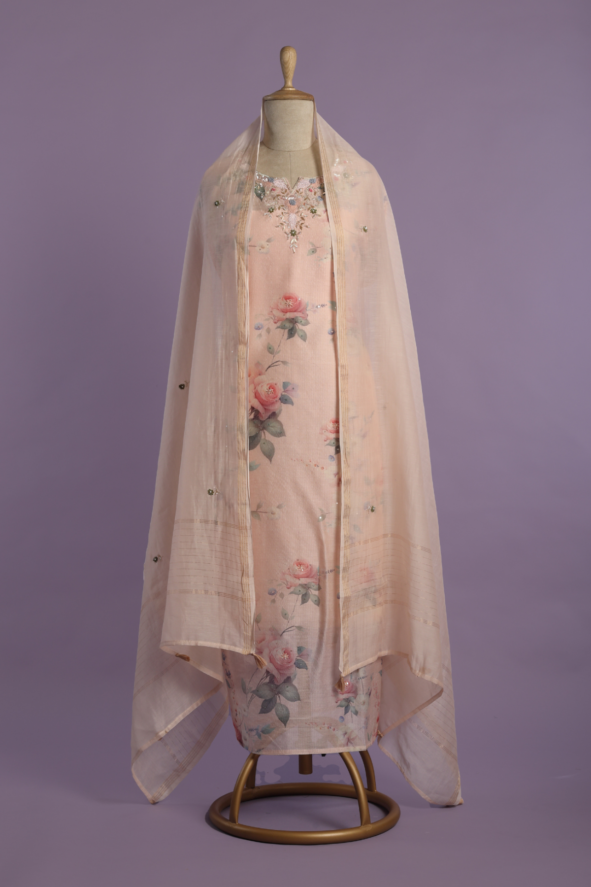 Powder Pink Printed Zari Mul Kurta Set Highlighted with Sequins & Pearl Neckline