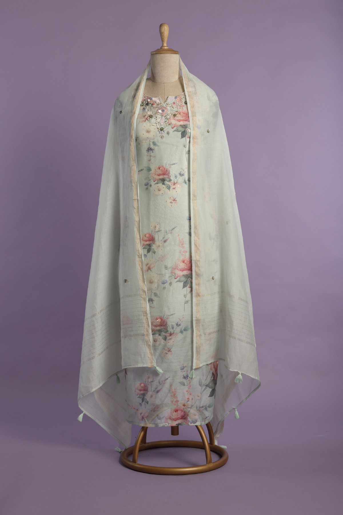 Aqua Blue Printed Zari Mul Kurta Set Highlighted with Sequins & Pearl Neckline