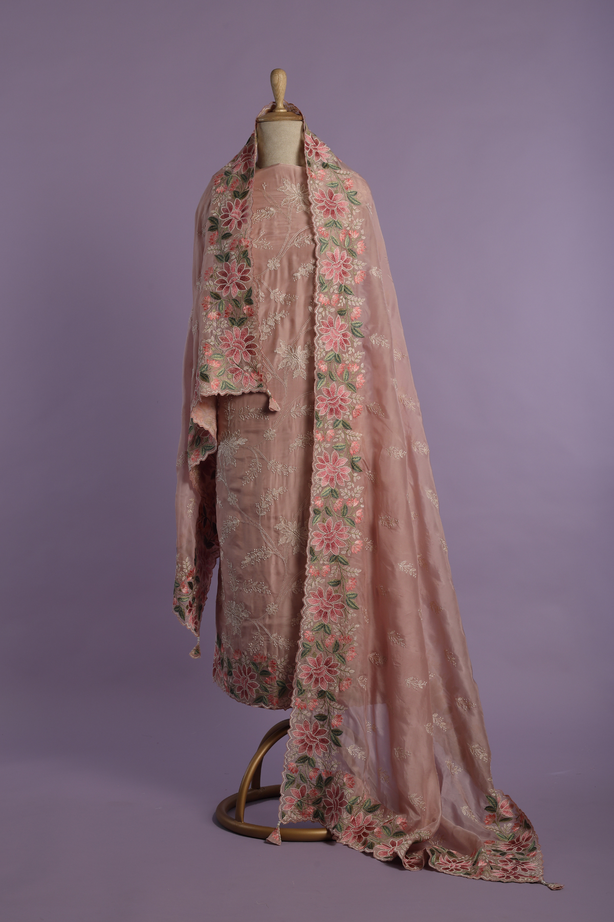 Bengal Silk Peach Kurta Set with Intricate Parsi Embroidery