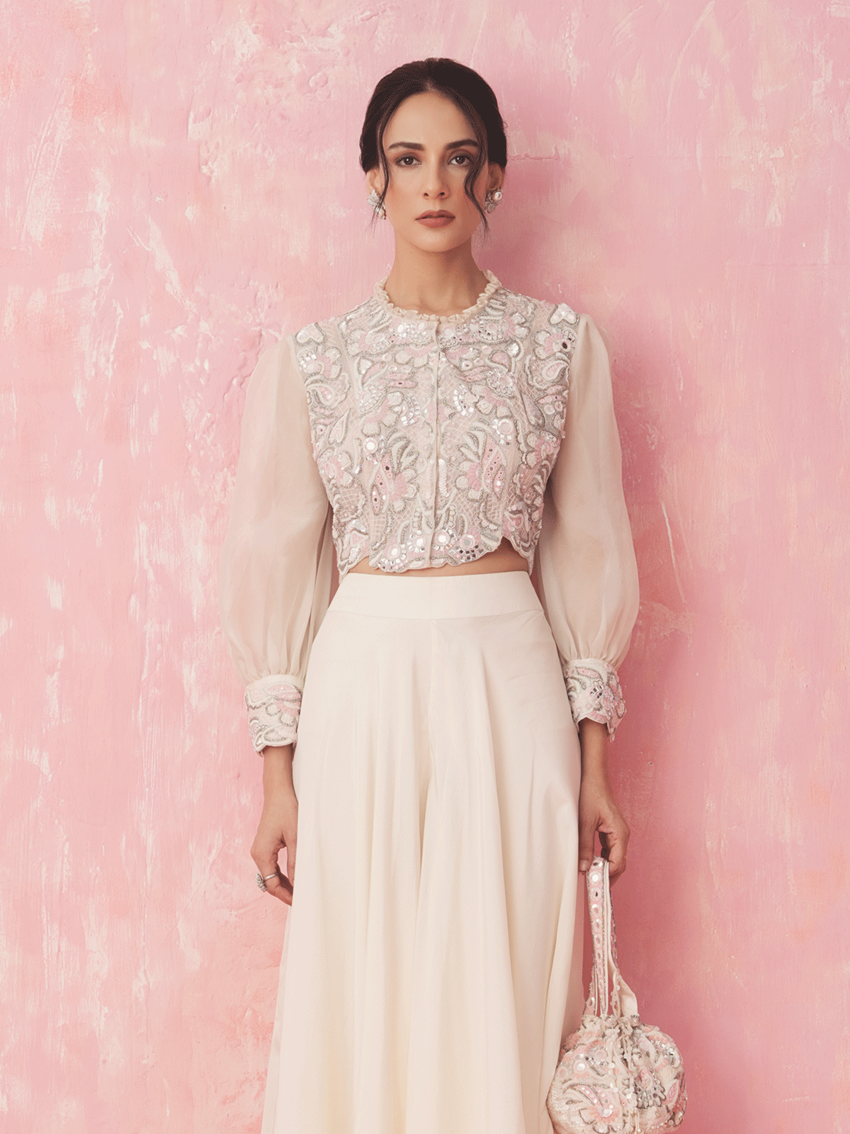 Pure White Cutdana Top & Skirt Set with Sequins & Mirror Work Details