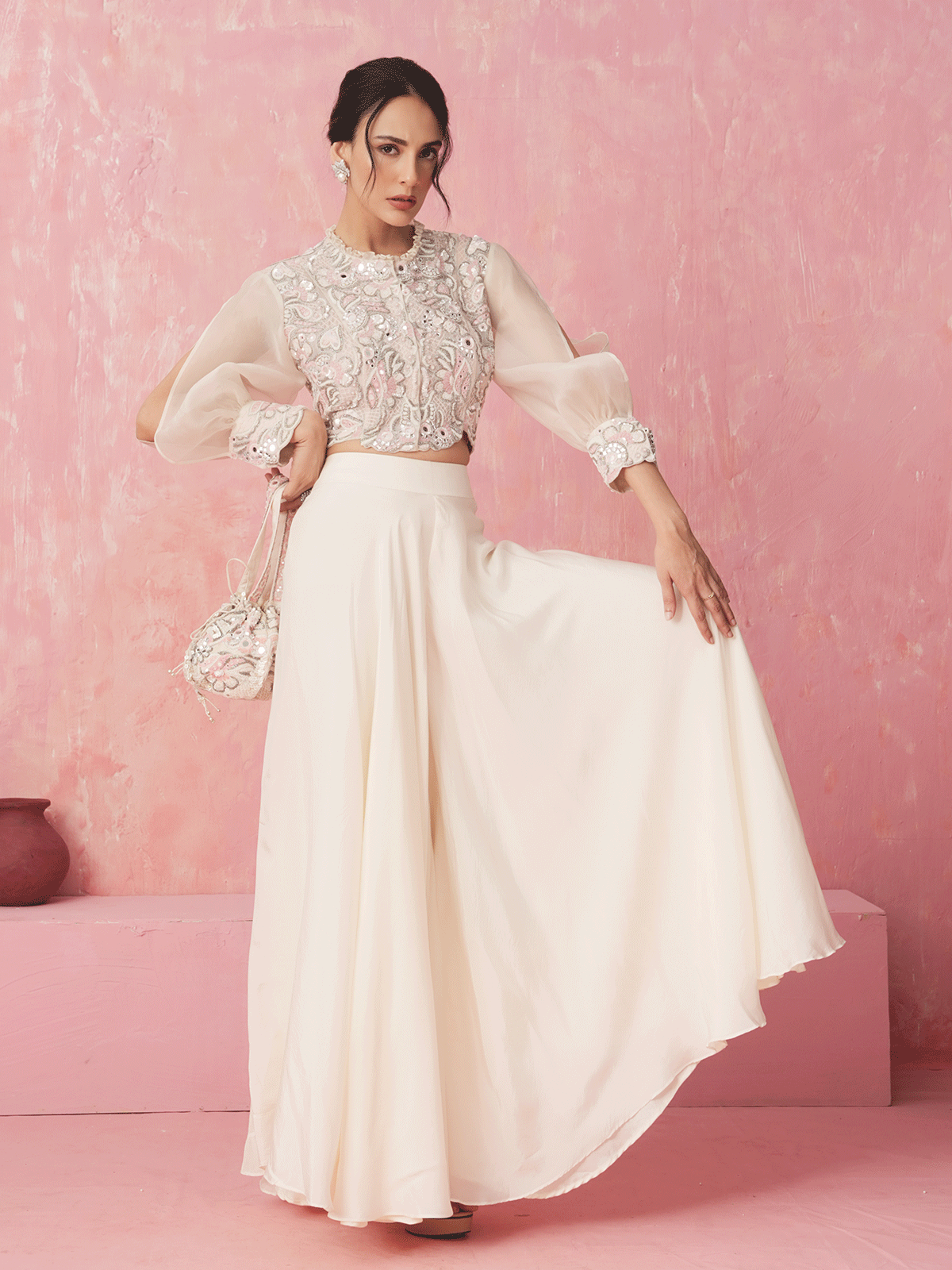 Pure White Cutdana Top & Skirt Set with Sequins & Mirror Work Details