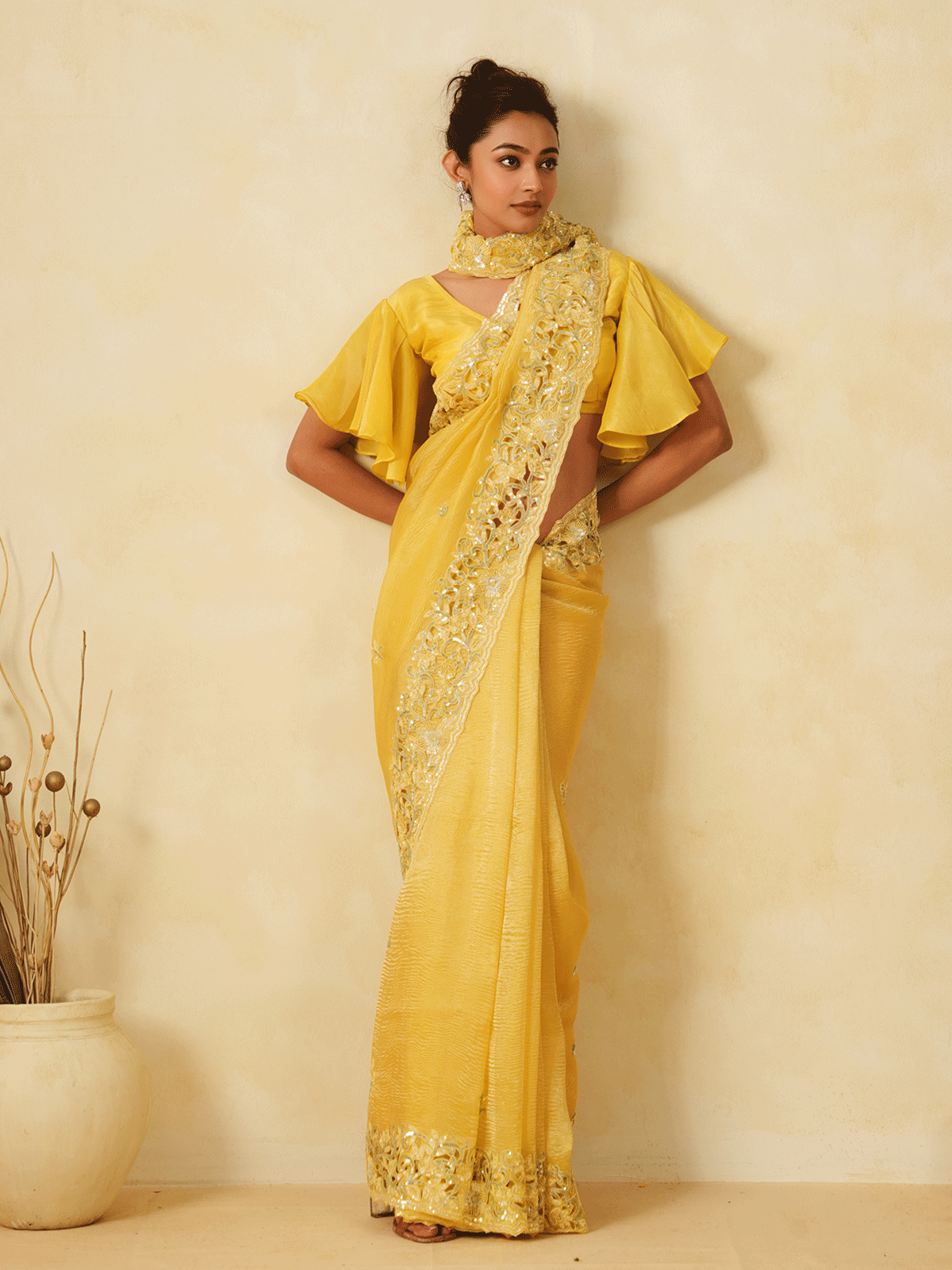 Mustard Yellow Tissue Cutdana Detailed Saree with Sequins