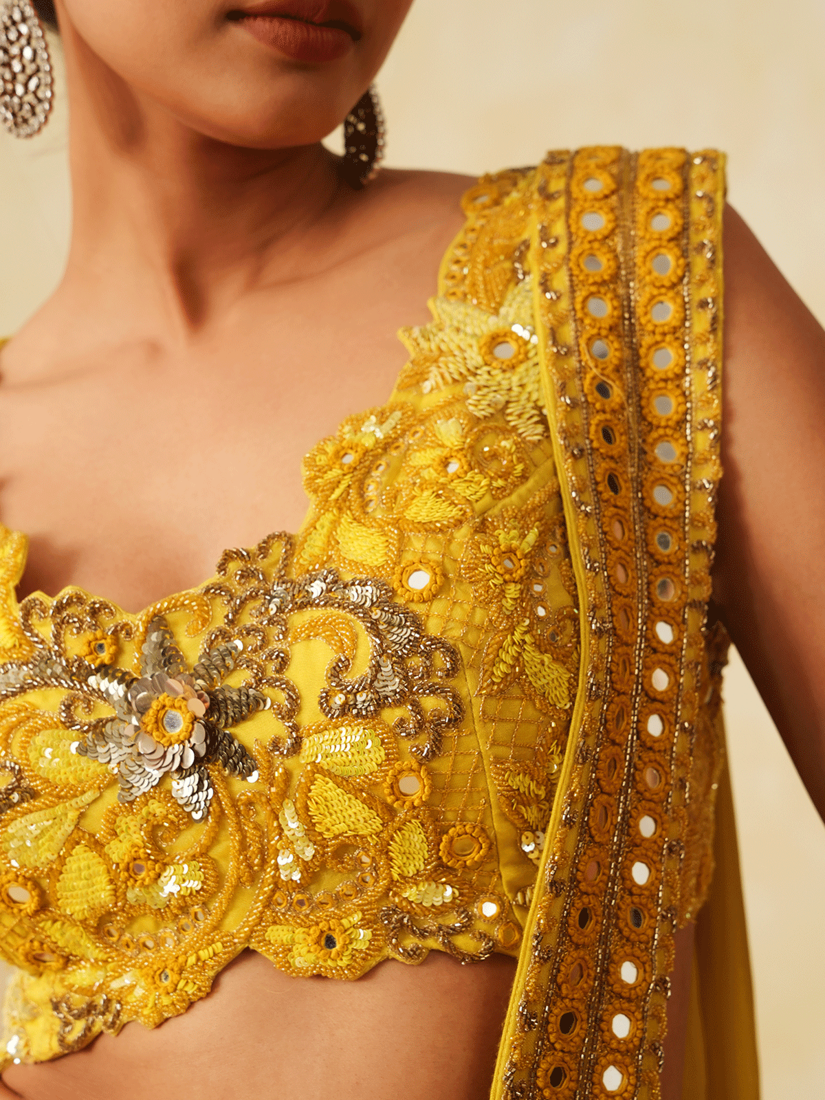 Haldi Yellow Georgette Chir Work Pre-Drape Saree with Mirror & Sequins