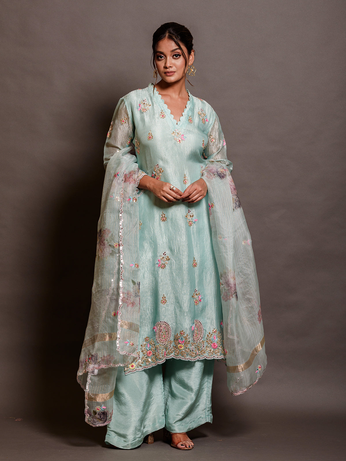 Ocean Blue Resham Embroidered Kurta Set with Dabka Work