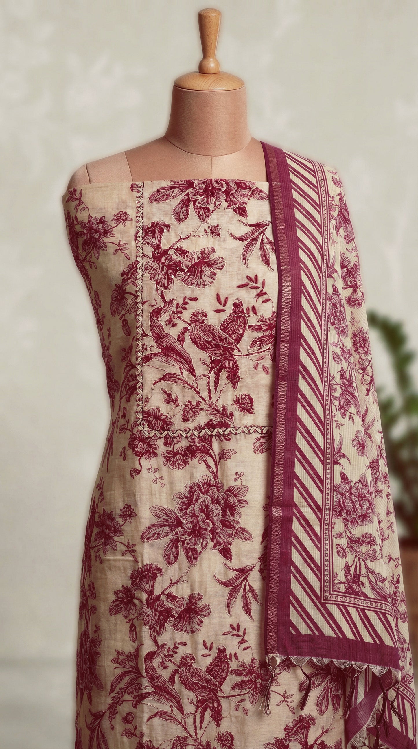 Resham Embroidery Red Chanderi Unstitched Suit Set
