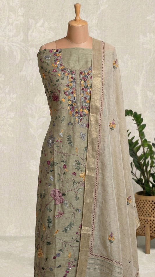 Dusty Green Resham Embroidery Linen Unstitched Suit Set