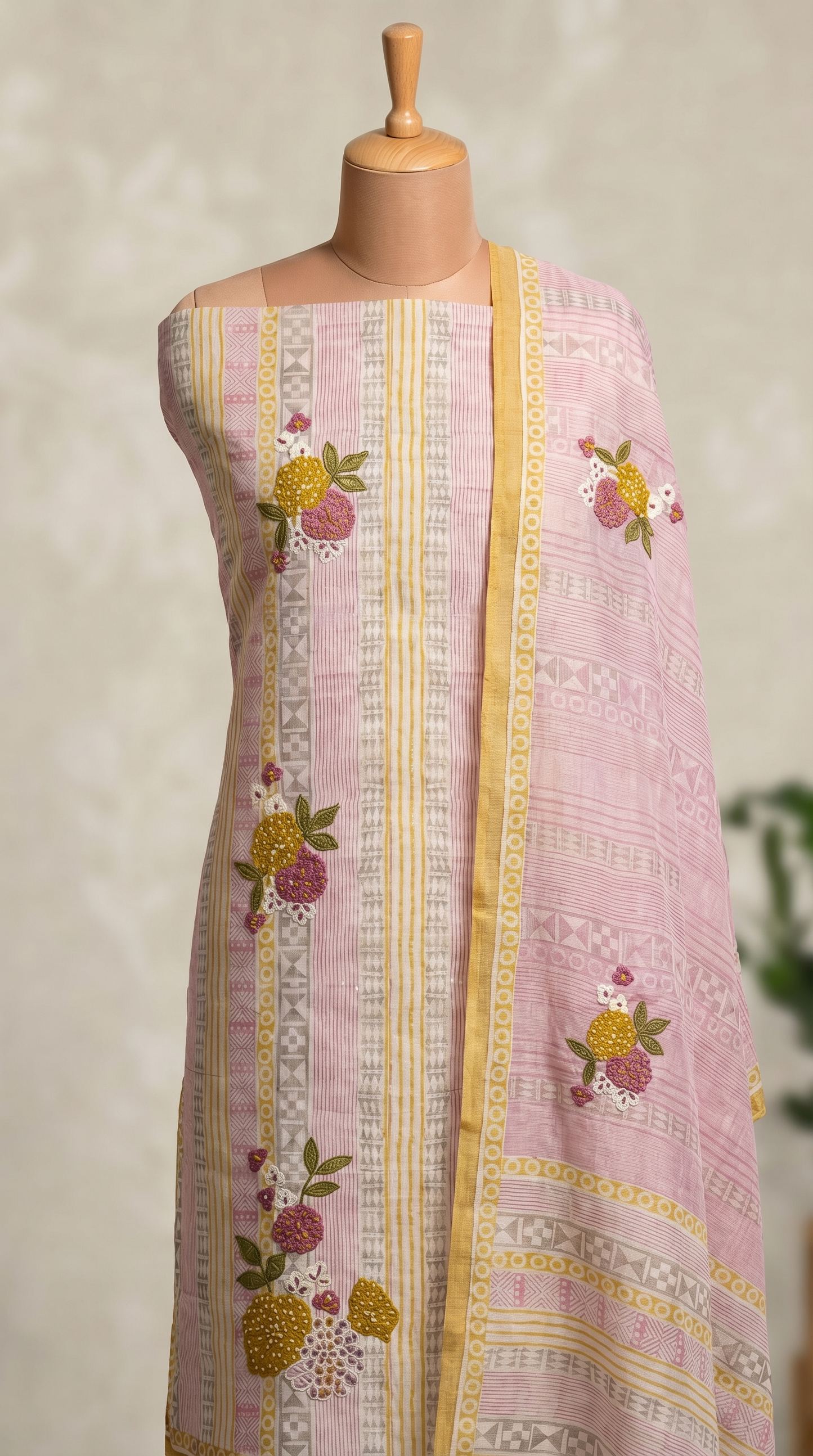 Resham Embroidery Dusty Yellow Jute Cotton Unstitched Suit Set