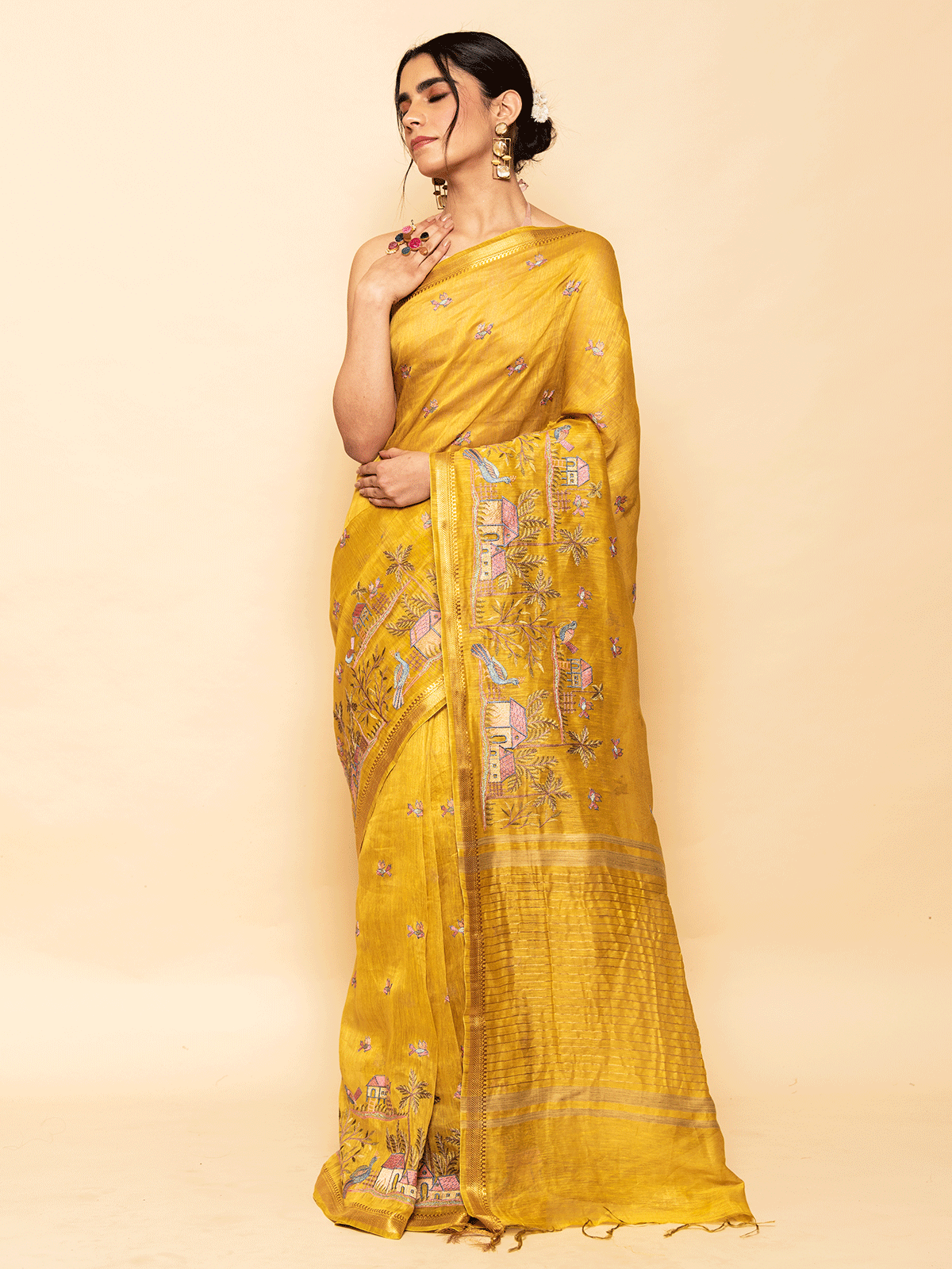 Mustard Yellow Korean Tissue Saree with Resham Border