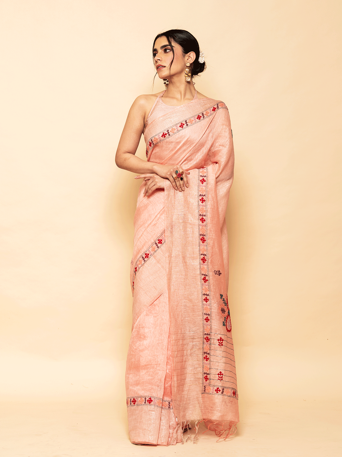 Pink Linen Saree with Gujrati Work