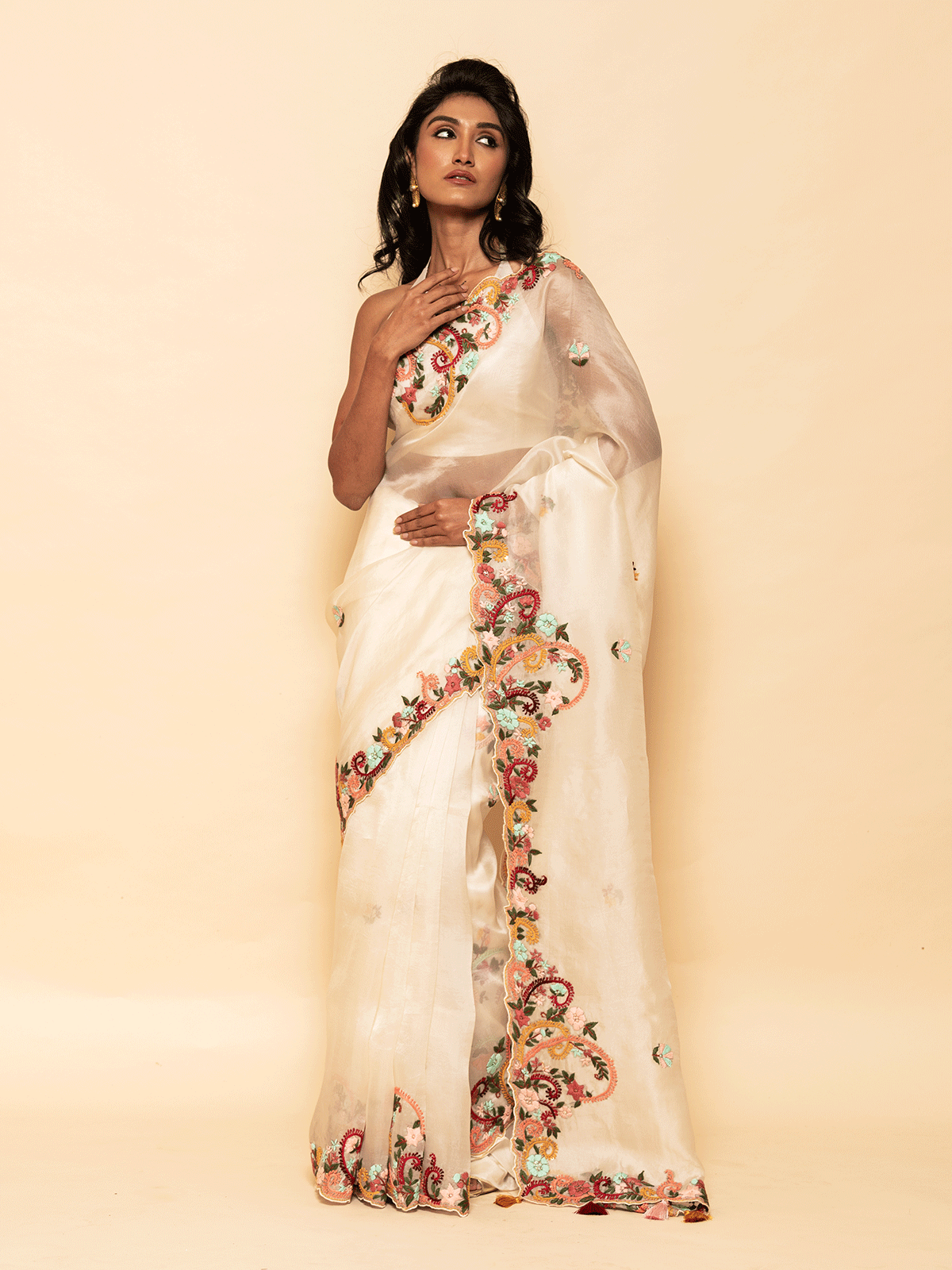 Resham Embroidered Off White Saree with Buti Border