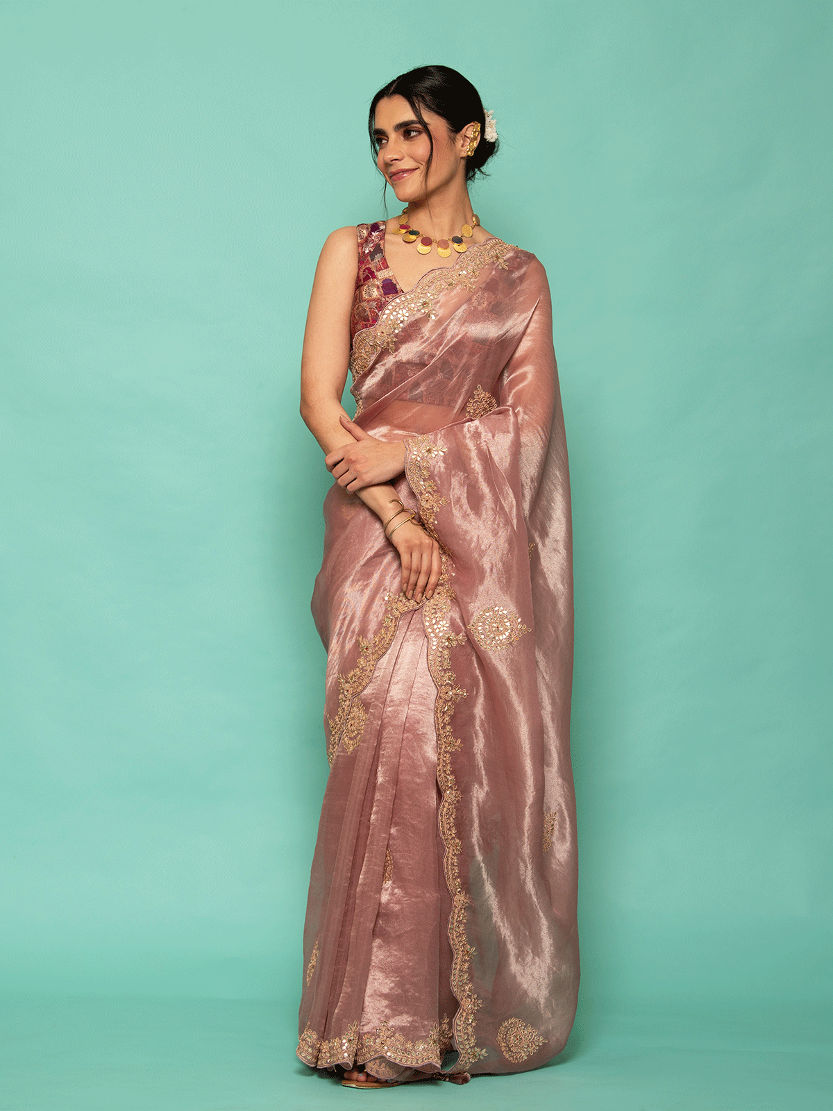 Lavender Purple Resham Embroidered Saree with Gota Border