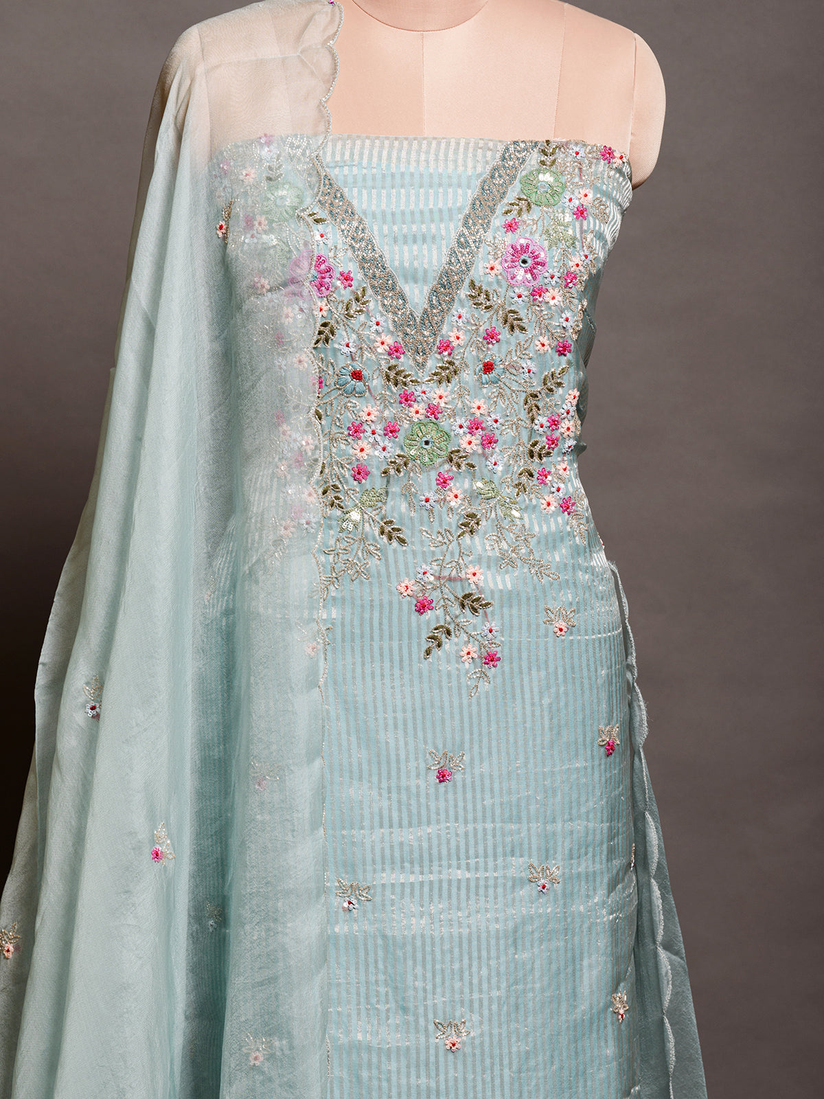 Light Blue Organza Cutdana Kurta Set with Sequins - Unstitched