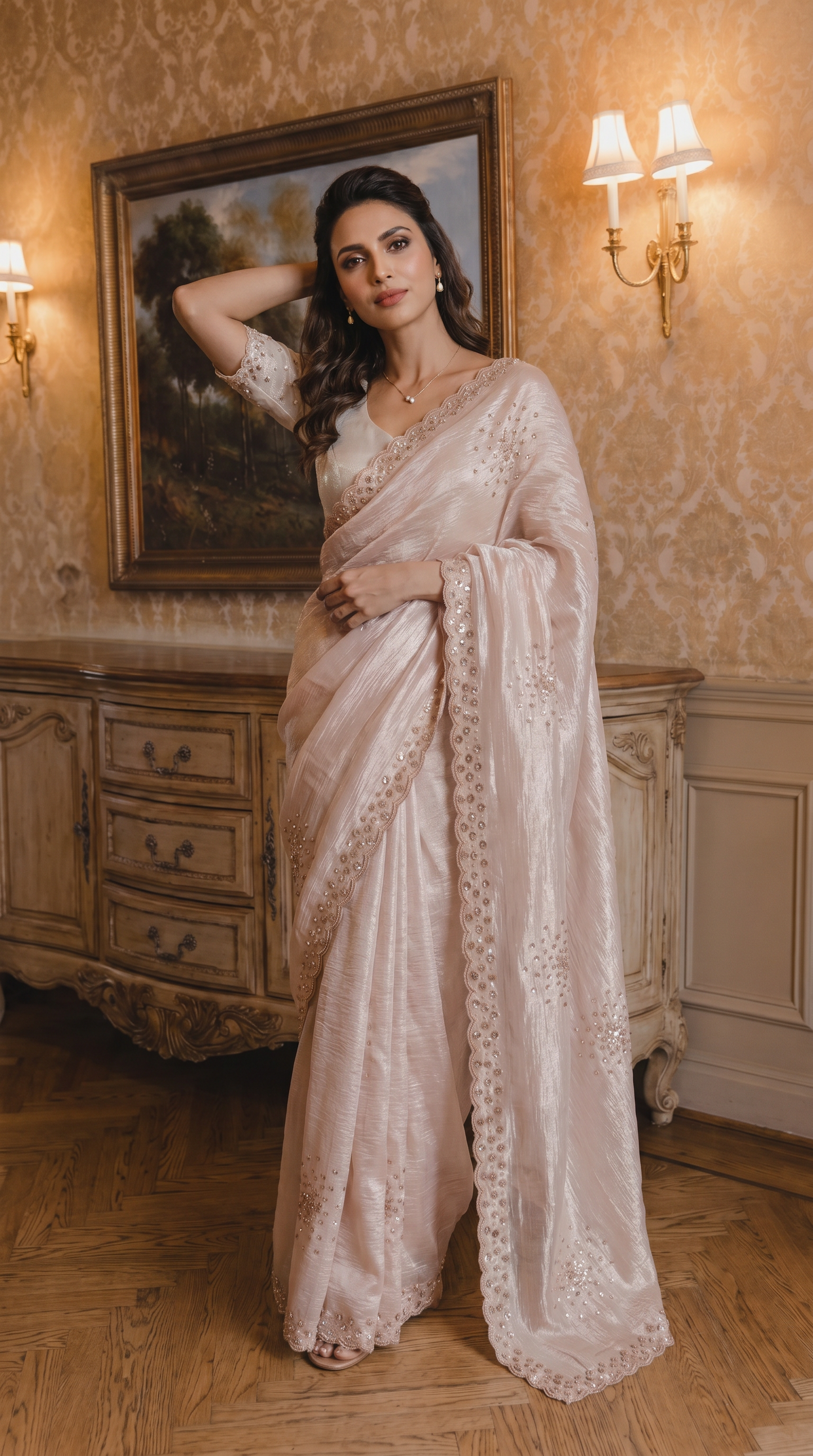 Pink shimmering Tissue Organza Saree