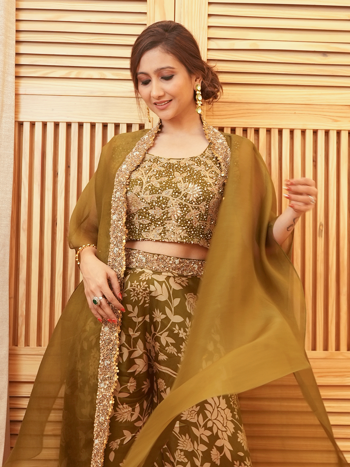 Garima Banka In Olive Green Satin & Organza Cape Set