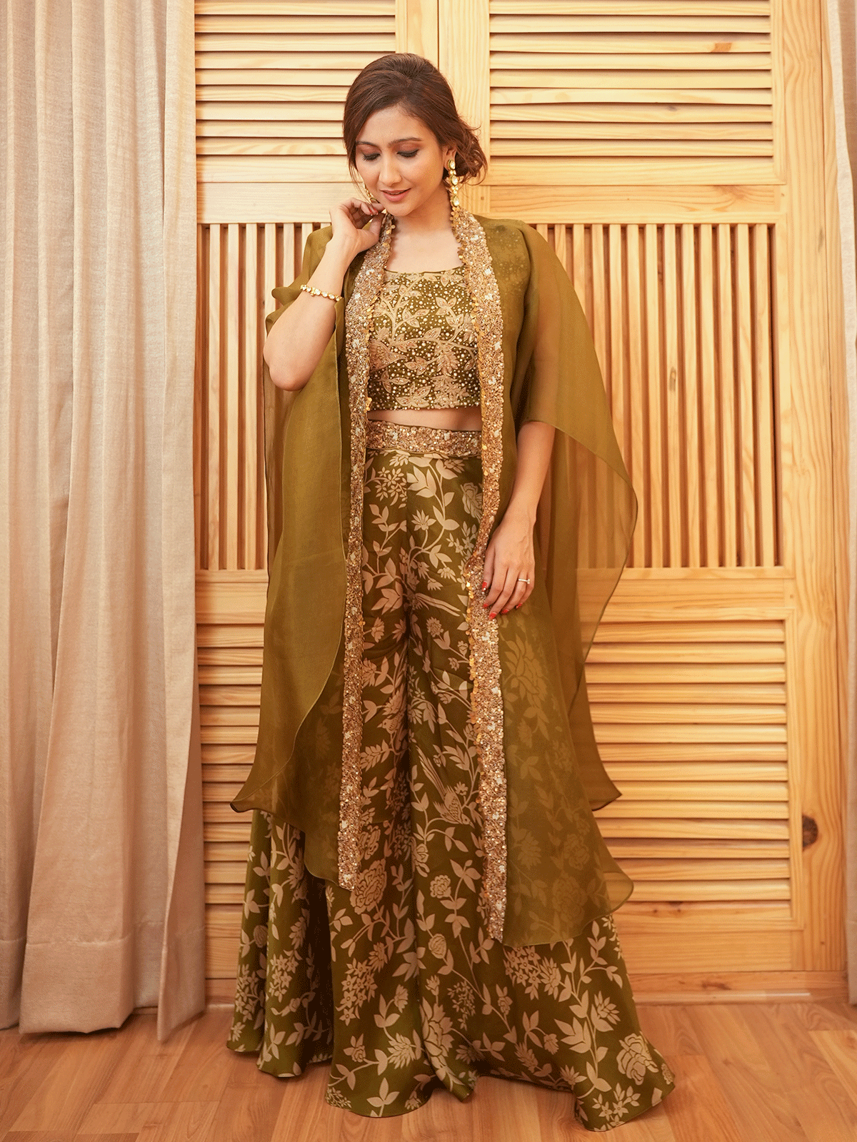 Garima Banka In Olive Green Satin & Organza Cape Set