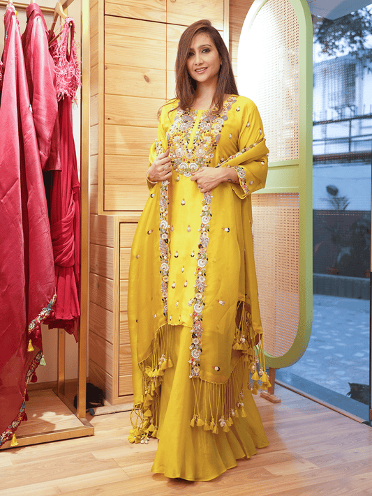 Garima Banka In Yellow Silk & Organza Sharara Set