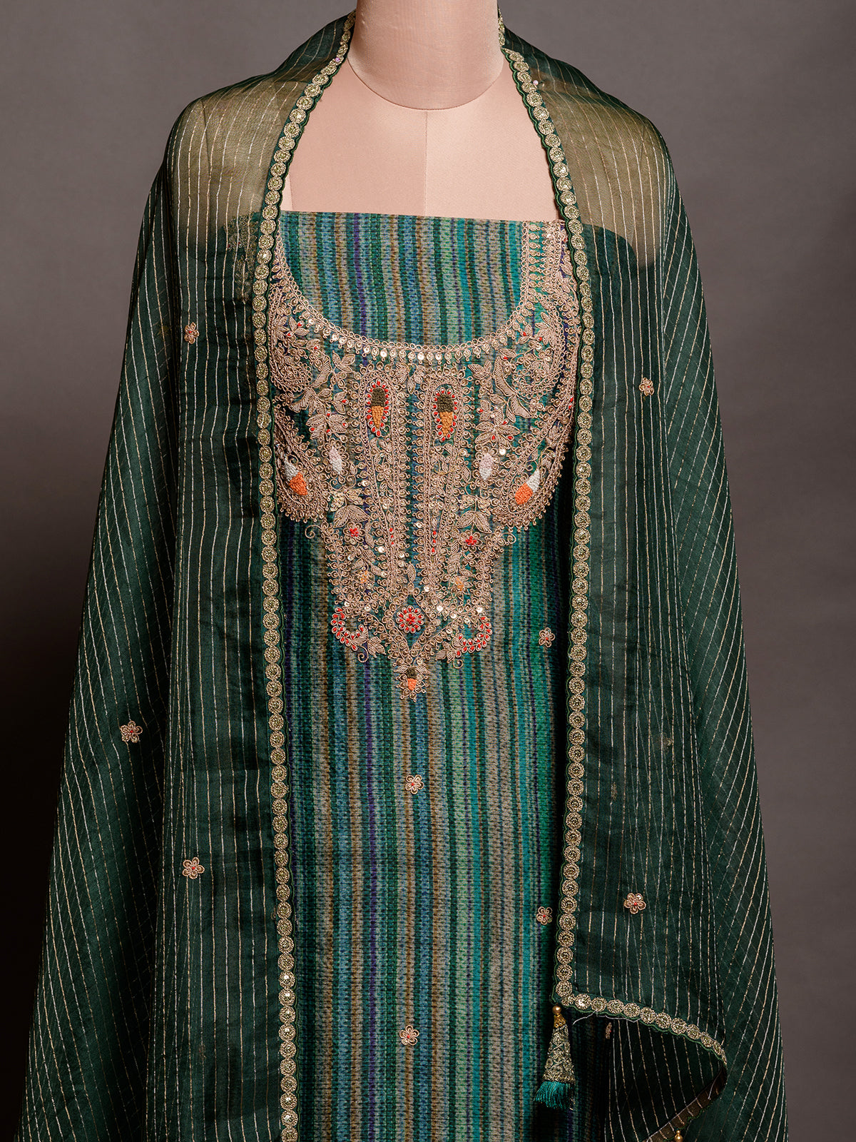 Deep Green Organza Kurta Set with Zardoshi & Dabka Work