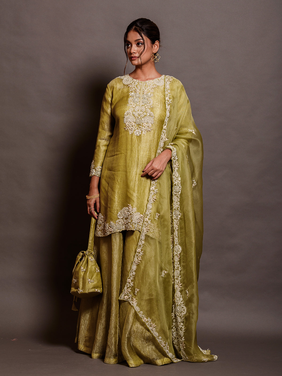 Flora Green Organza Sequinned Kurta Set with Moti & Thread Work