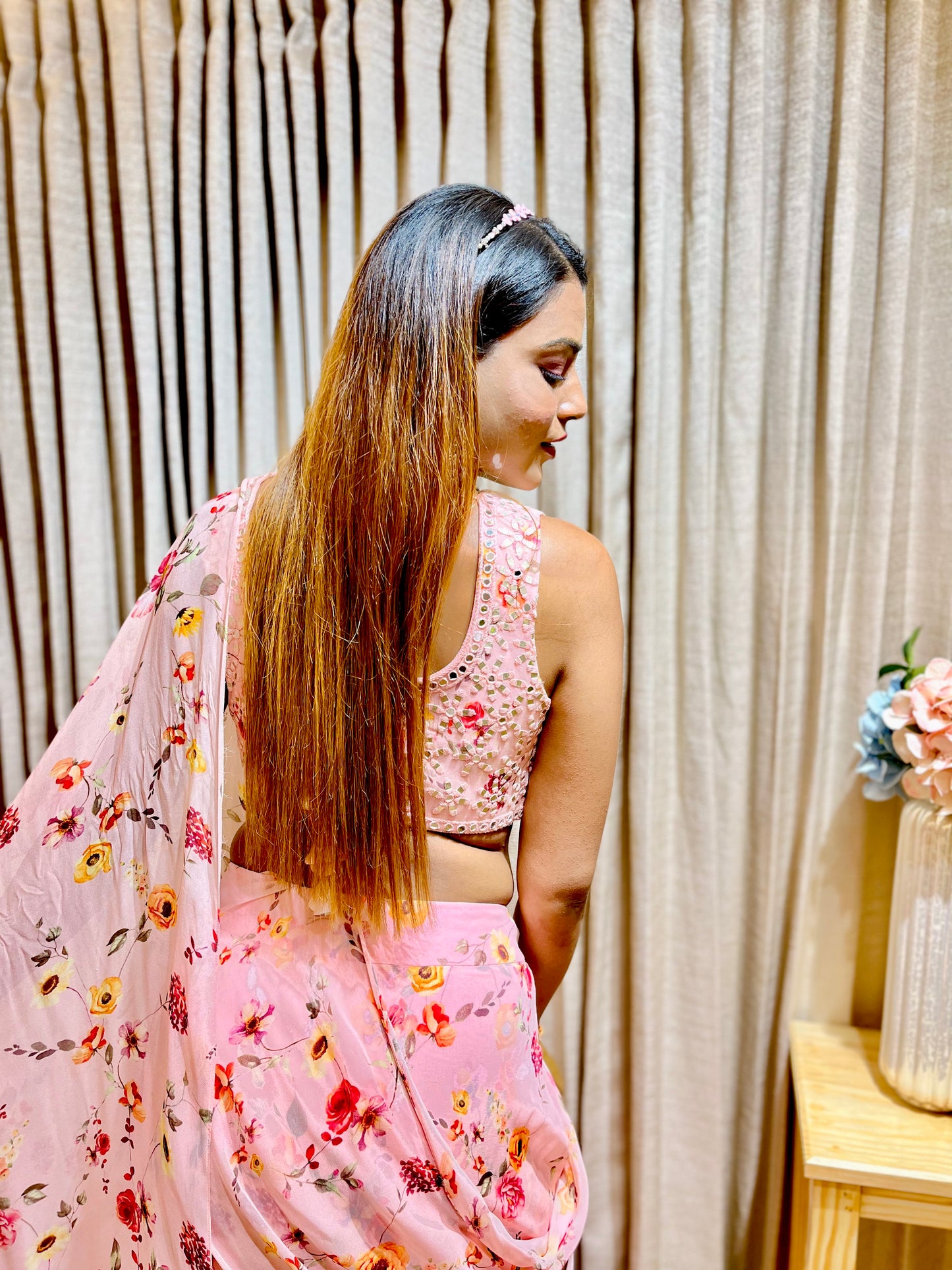 ABLA GRACE PINK RUFFLE SAREE