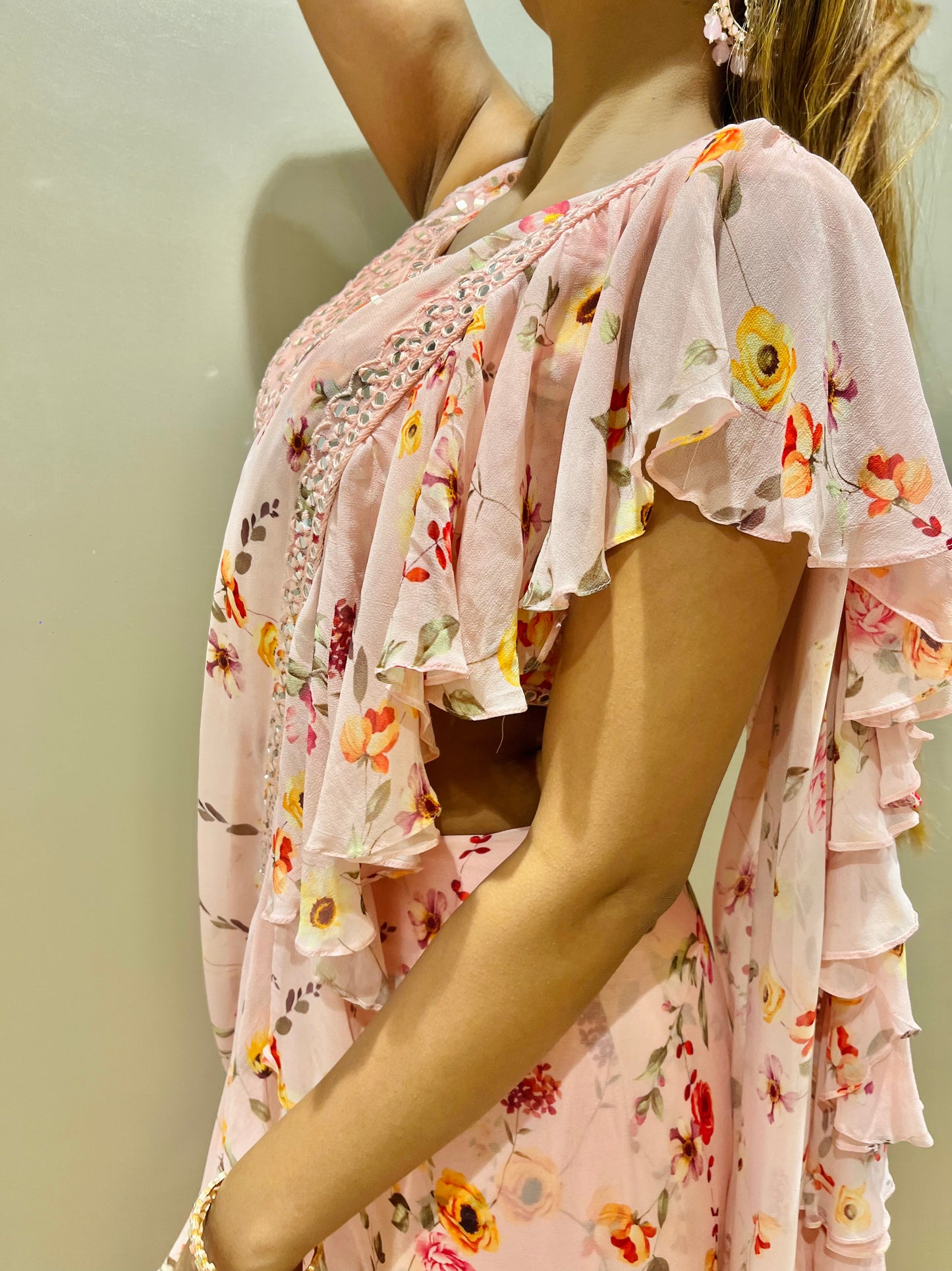 ABLA GRACE PINK RUFFLE SAREE