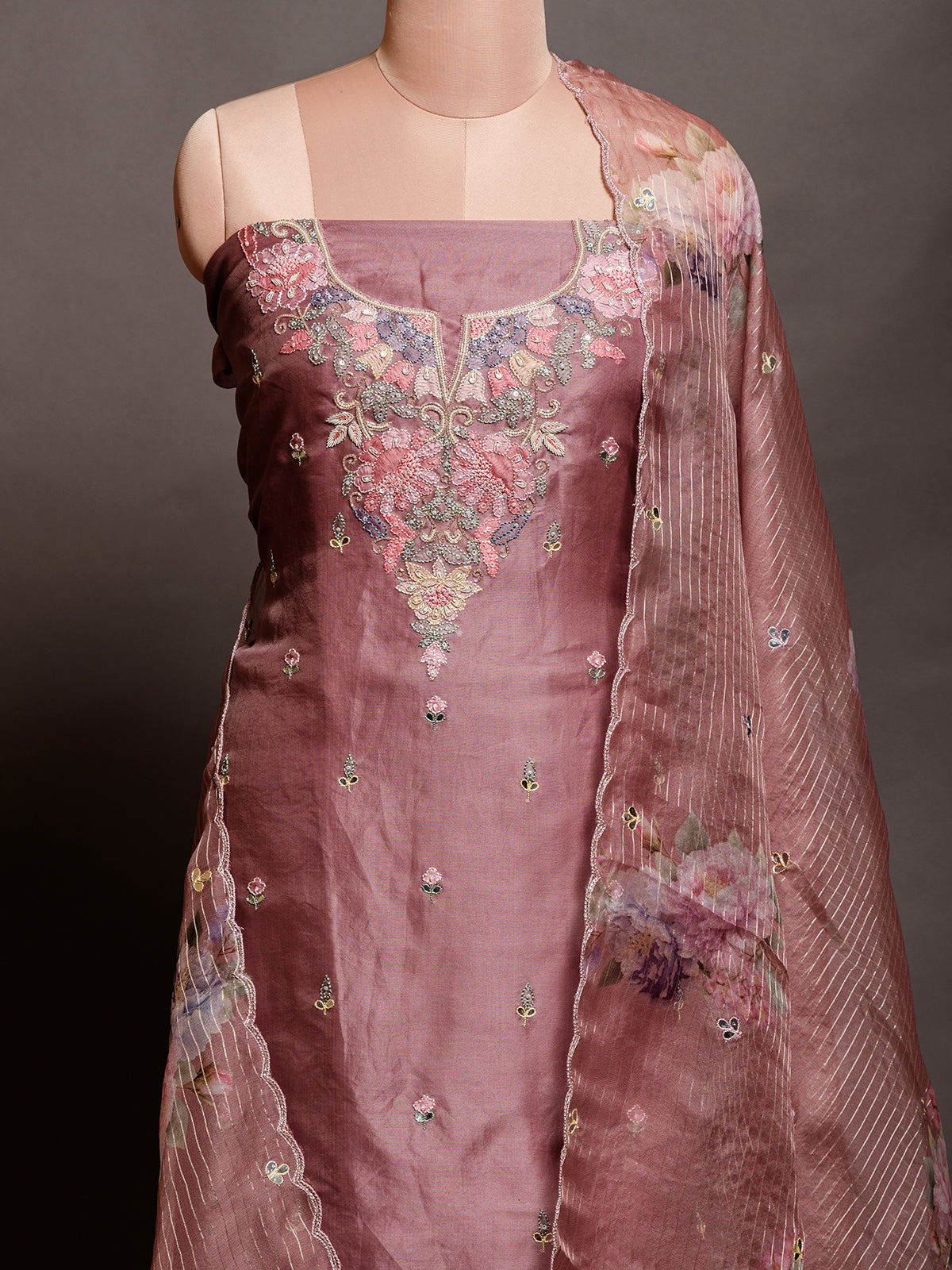 Lavender Purple Shadow Embroidered Unstitched Kurta Set with Dupatta